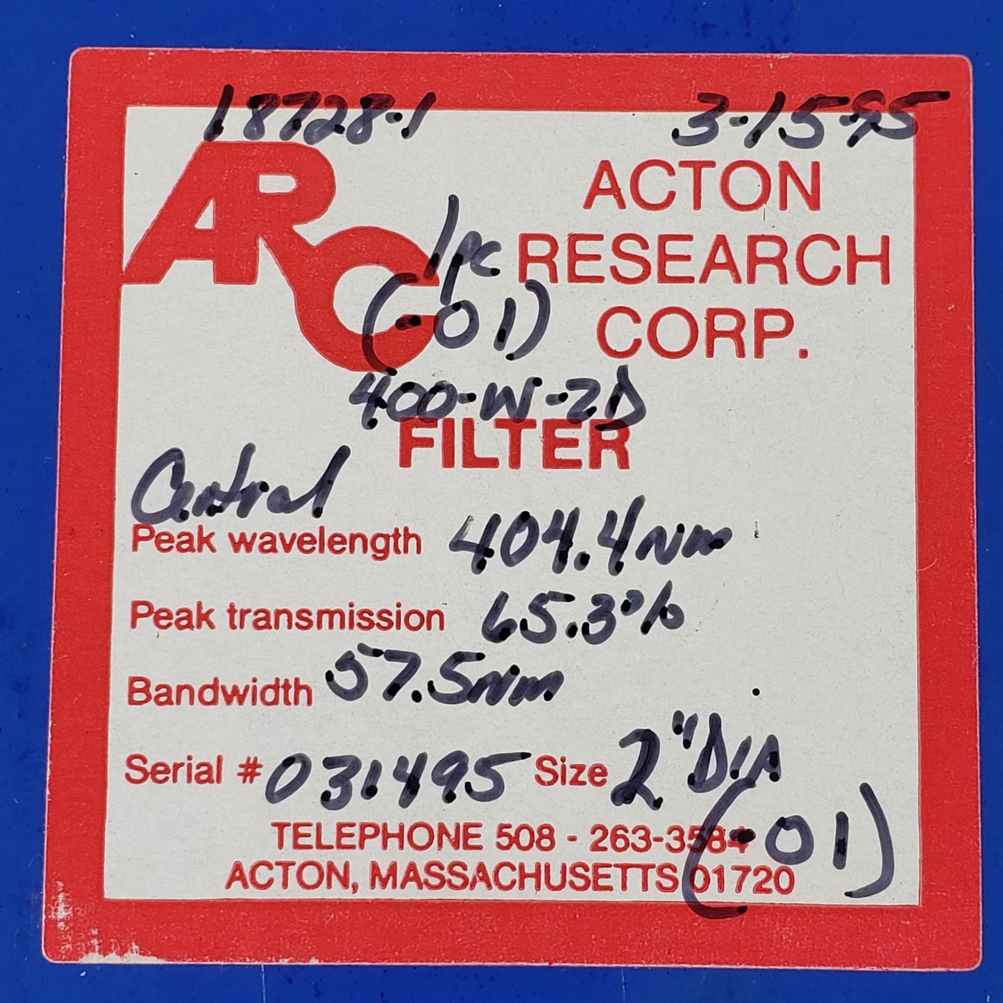 ACTON RESEARCH 400-W-2D 404.4nm 2" Bandpass Interference Filter