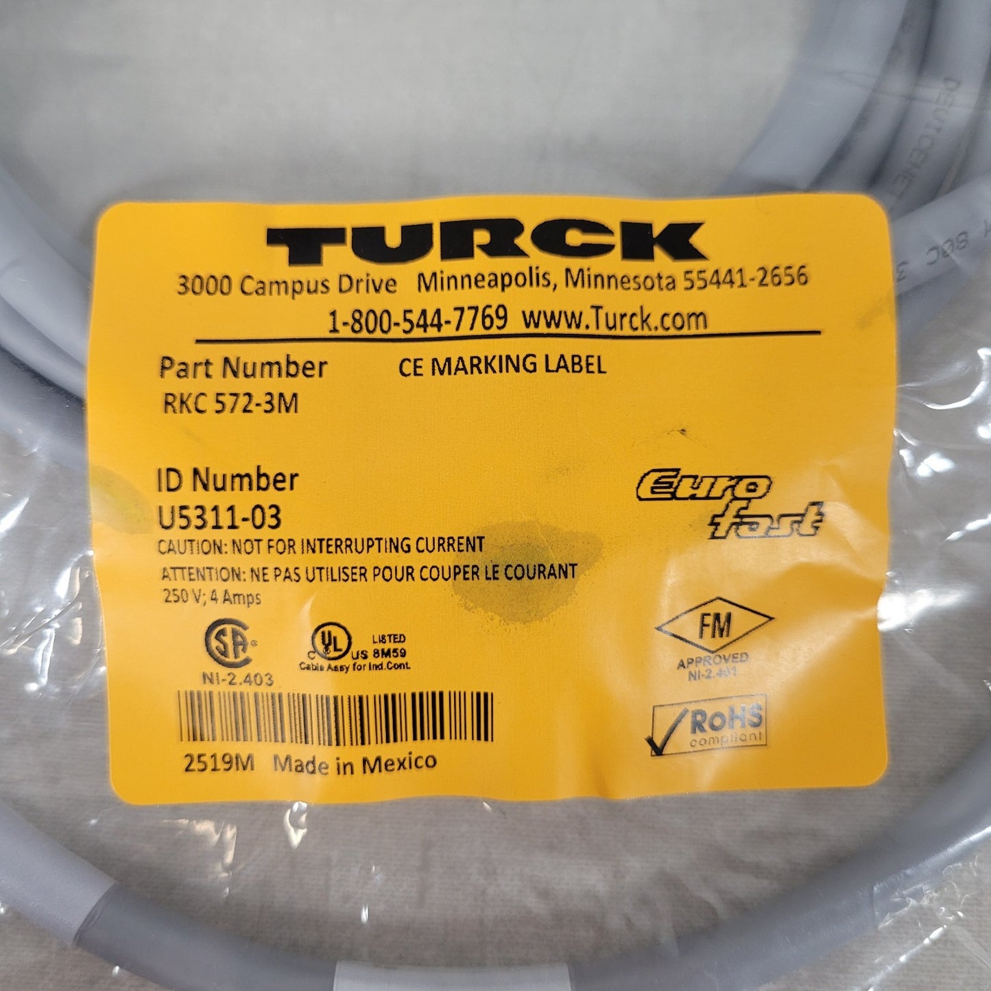 Turck RKC 572-3M Eurofast Female Cordset M12 Pigtail Cable 3 Meter
