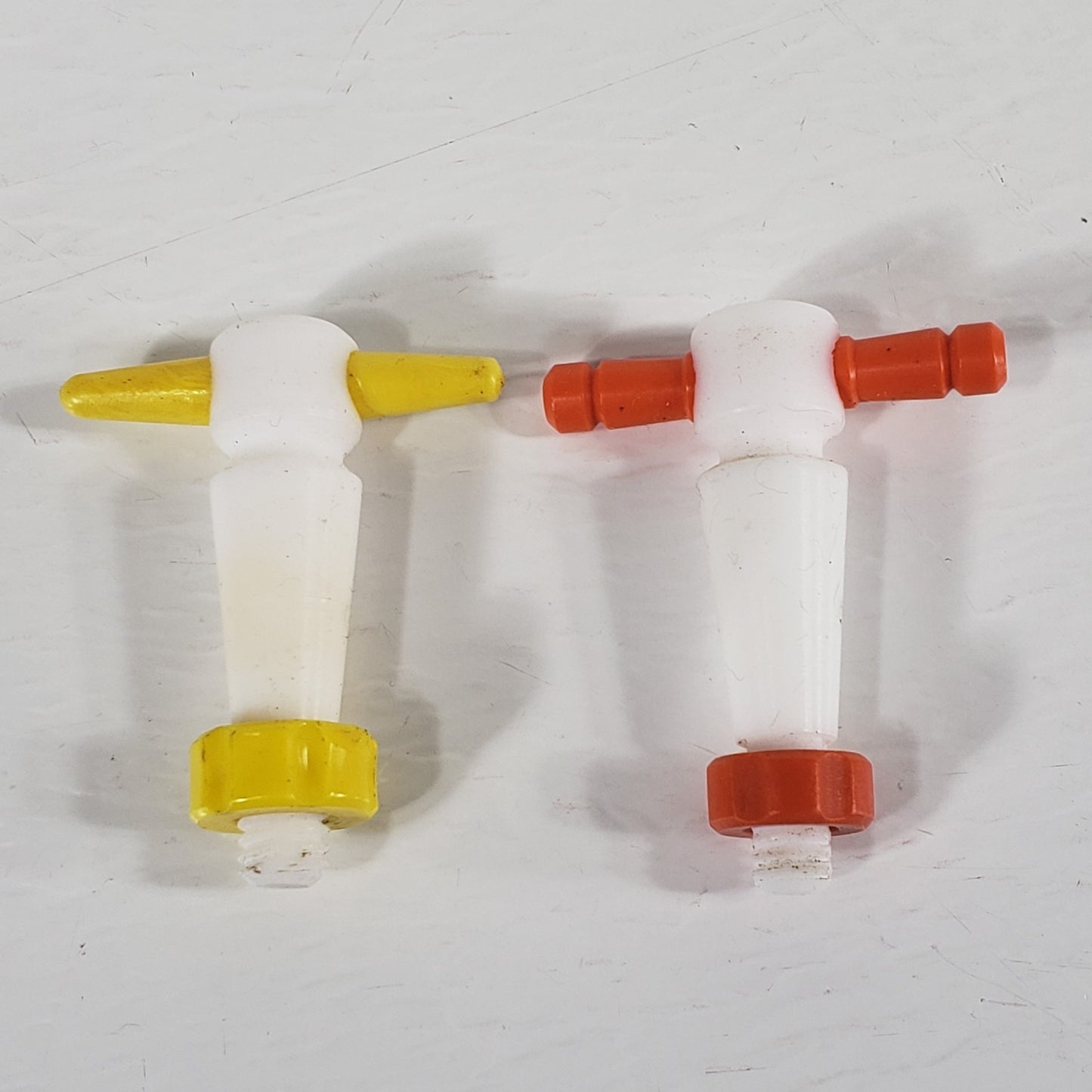 Two PTFE 13/25mm 2mm Bore Tapered Stopcocks for Glassware, Yellow & Orange