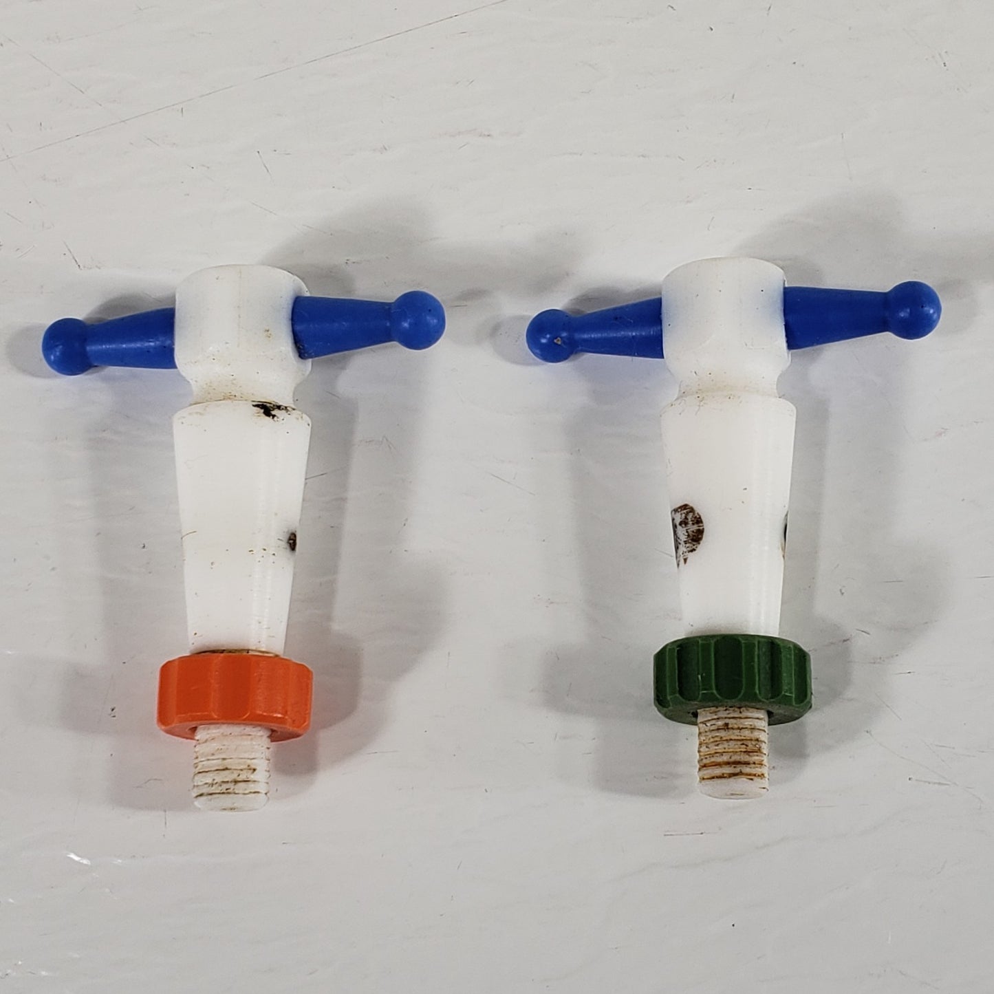Two PTFE 13/24mm 2mm Bore Tapered Stopcocks, Blue w/Color Mismatch Screw-In Nuts