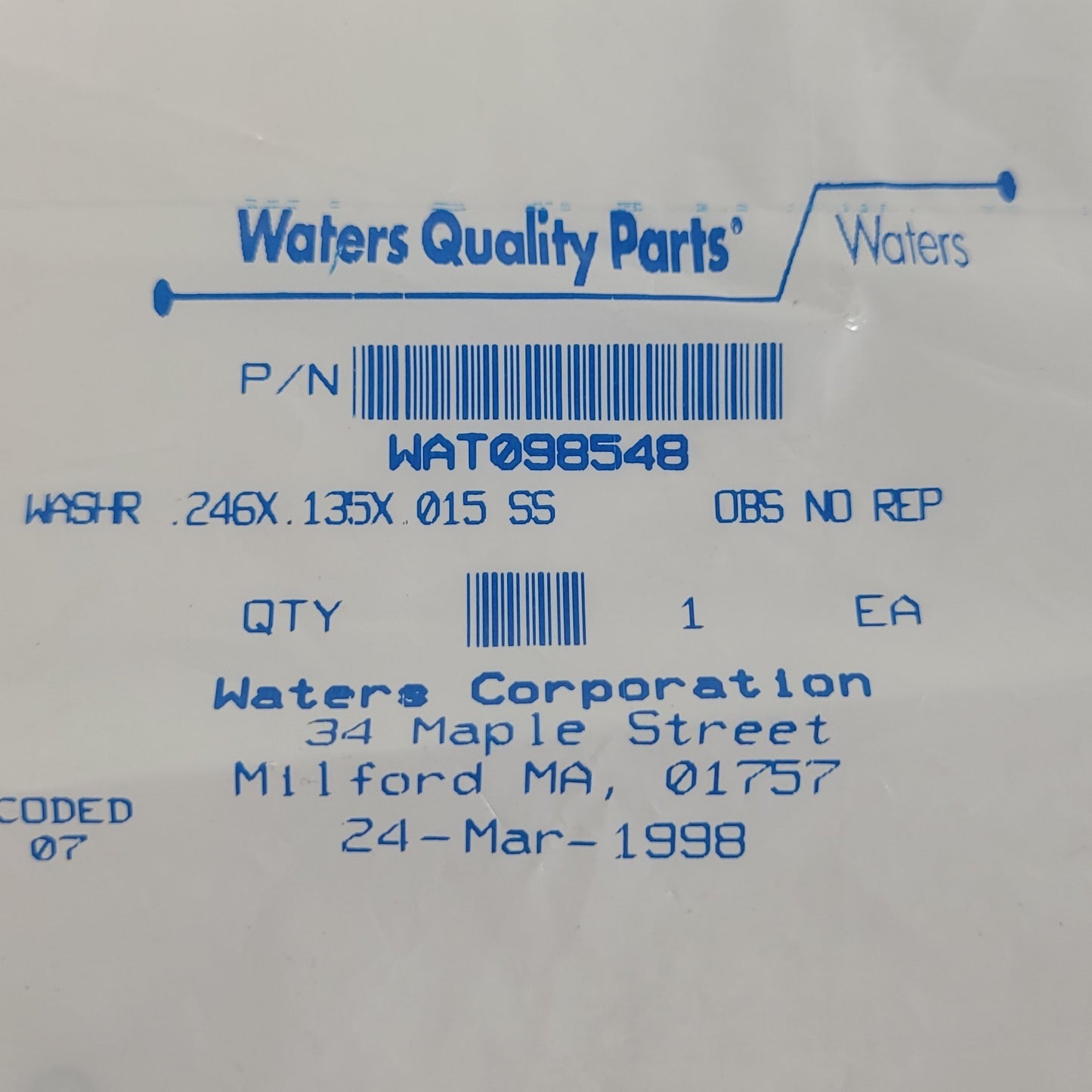 WATERS WAT098548 SS Flat Washer .246x.135x.015 510 600 HPLC Inlet Manifold