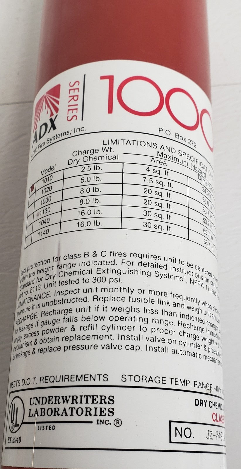 ADX 1010 Series 1000 Automatic ABC Dry Chemical Fume Hood Extinguisher No Cap