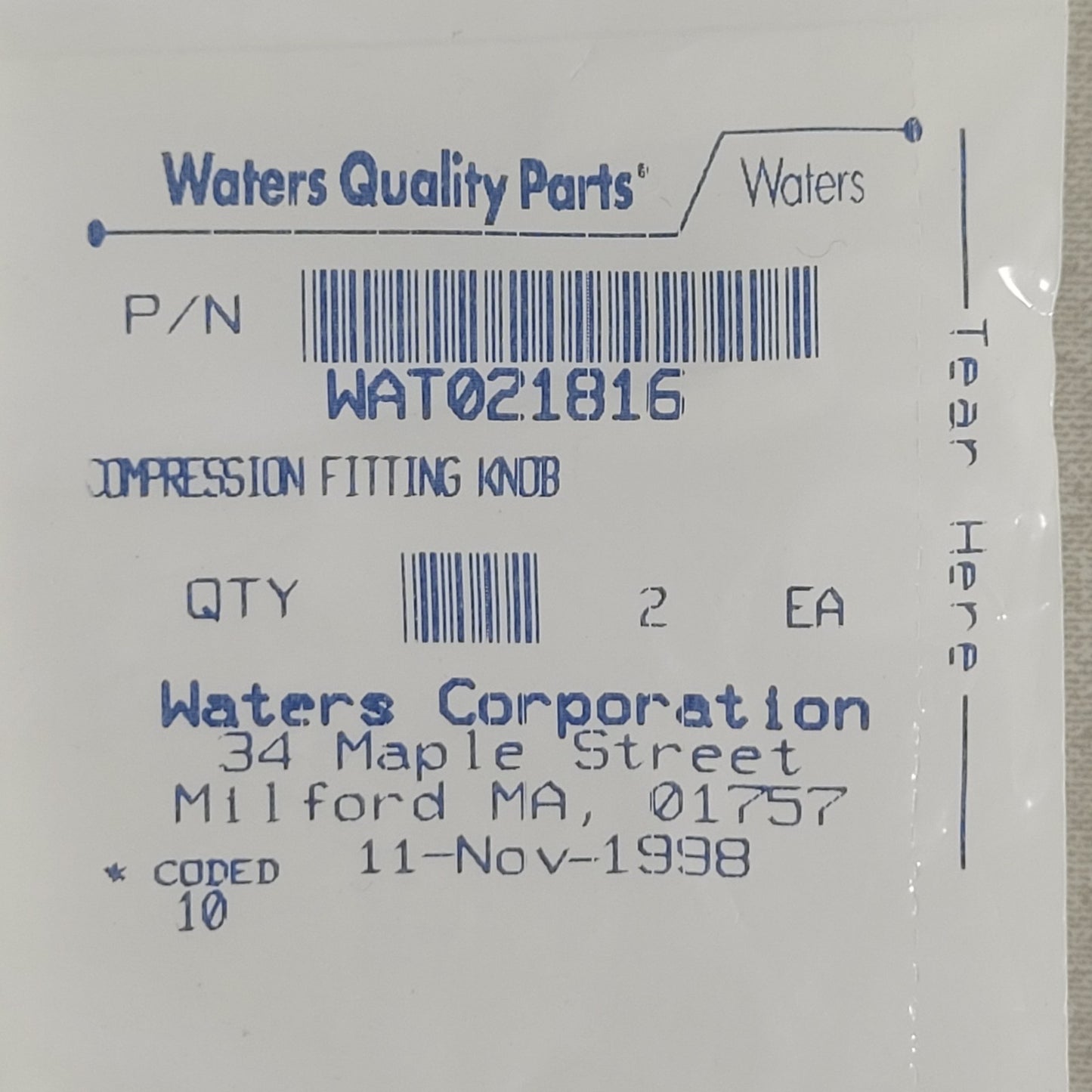 Waters WAT021816 Finger-Tight Poly Knob Compression Fitting 2-Pack HPLC