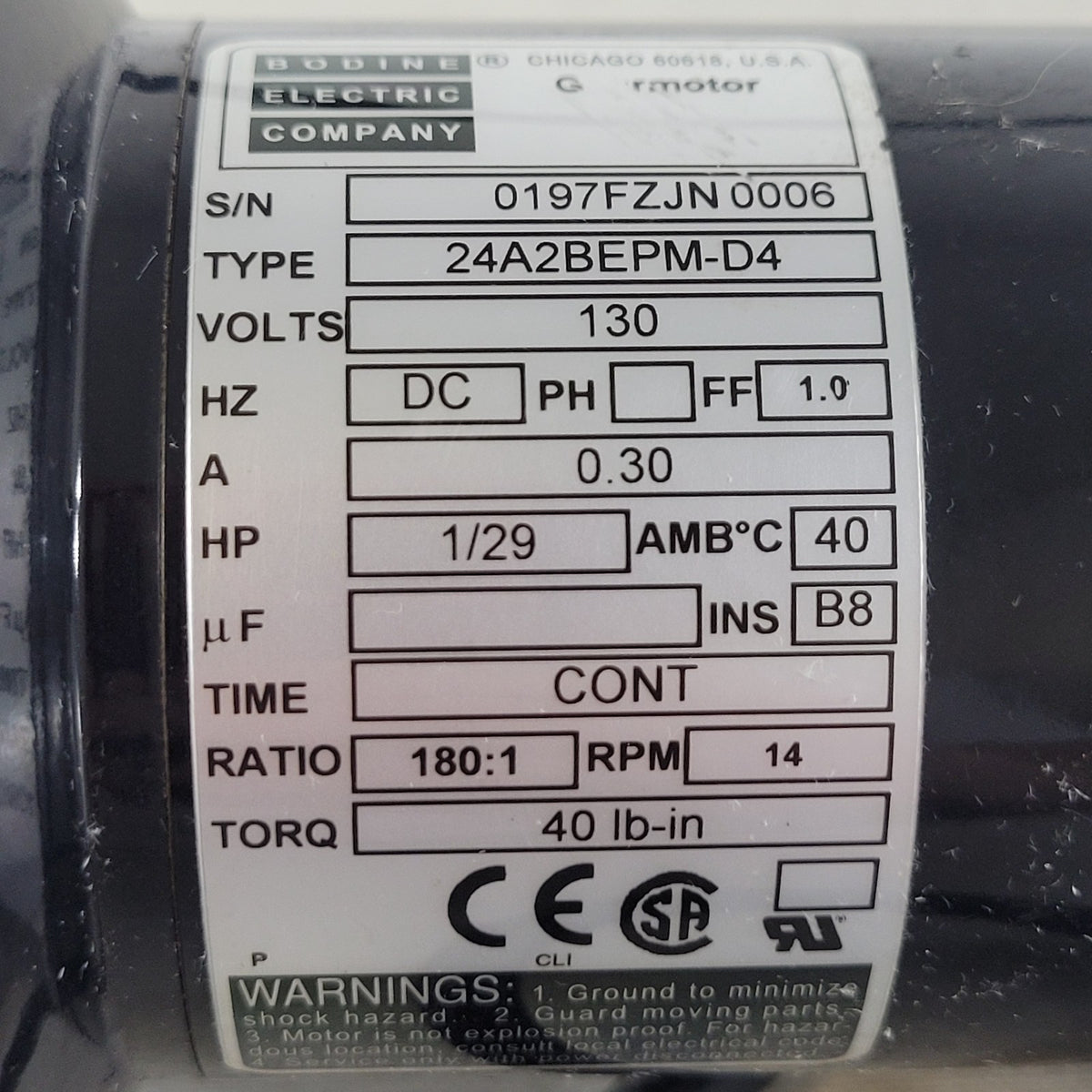 Bodine 24A2BEPM-D4 DC Gearmotor 130V 14 RPM 180:1 40 lb-in Torque