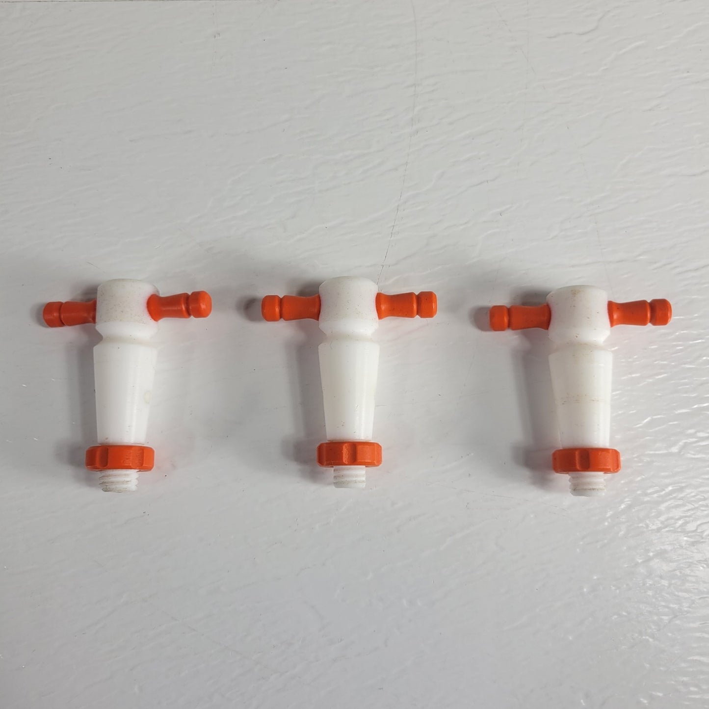 Three PTFE 17/27mm 3.5mm Bore Tapered Stopcocks for Glassware in Labs, Orange