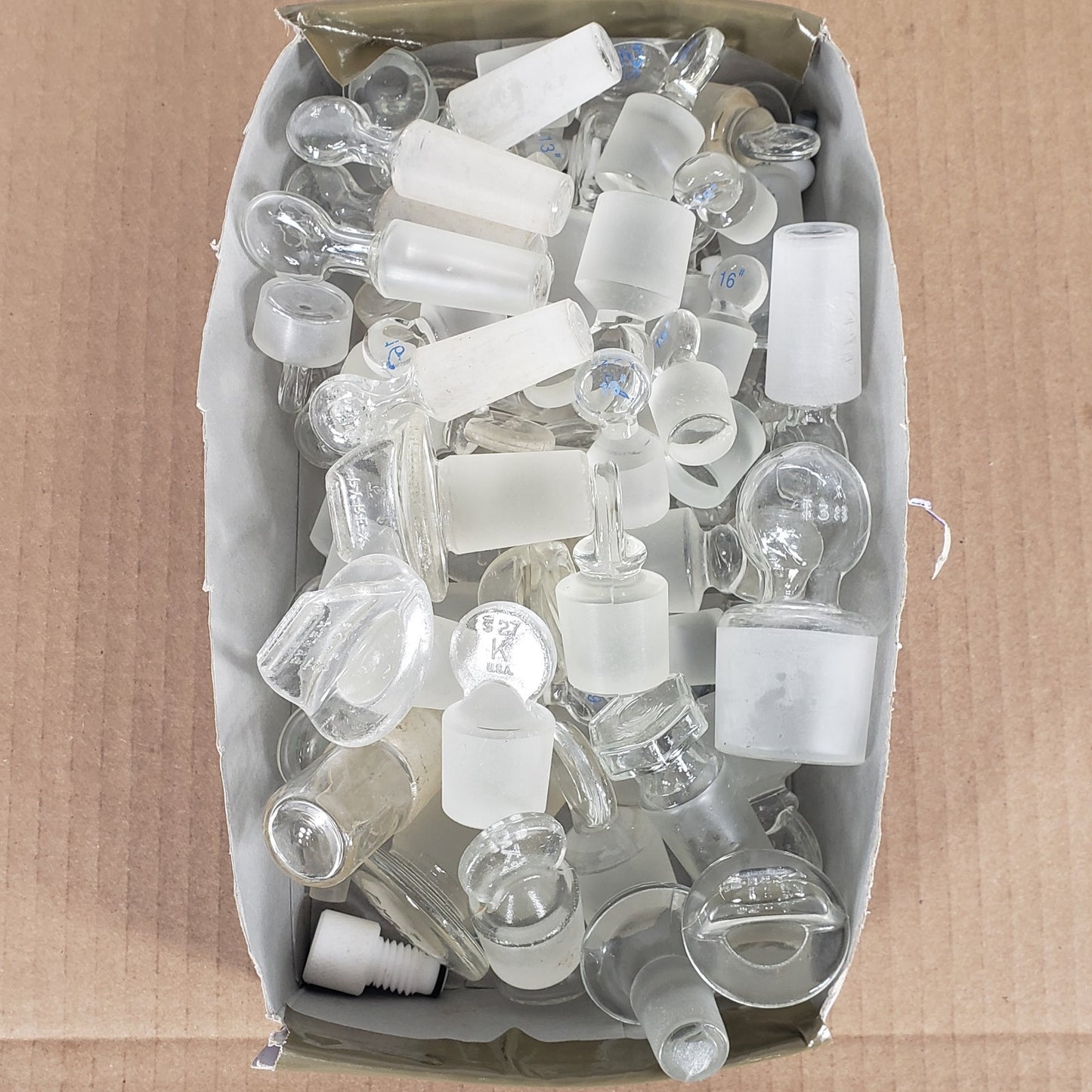 Lot Of Assorted Glass & Plastic Glassware Stoppers/Caps Variety Of Sizes