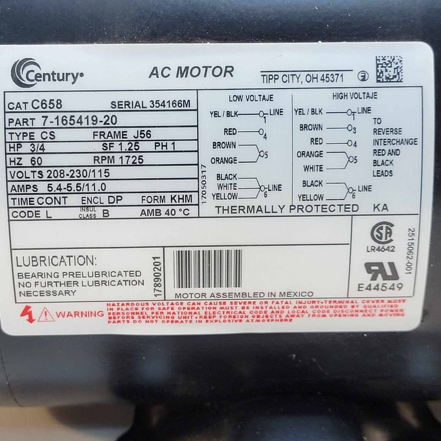 Century C658 AC Motor Electric 3/4 HP 1725 RPM 208-230V/115V 5.5/11A 5/8" Shaft