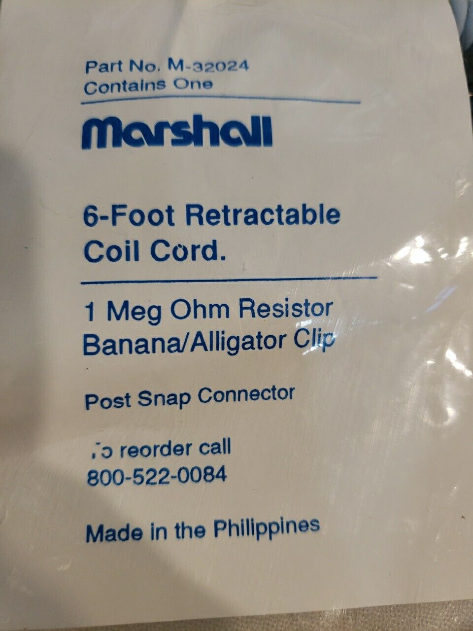 Marshall M-32024 6ft Coiled Grounder Cord 1 Meg Banana/Alligator Clip ESD Safety