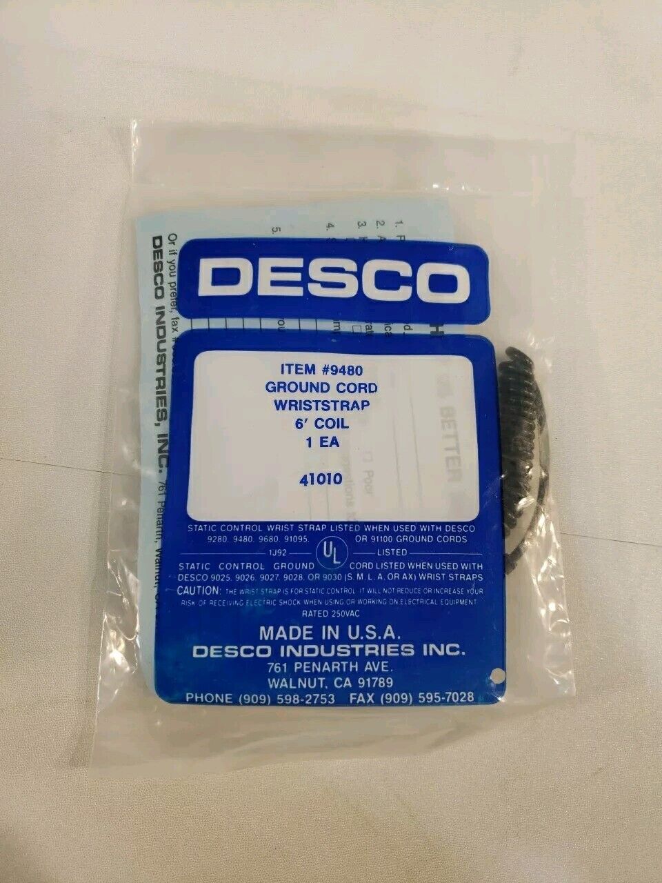 Desco 9480 Ground Cord Wriststrap 6ft Coil ESD Electrostatic Discharge Safety