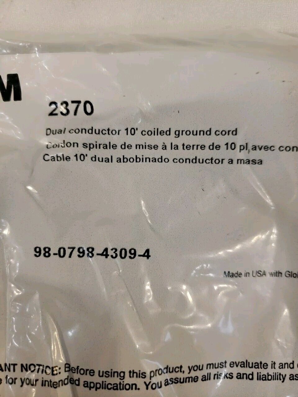 3M 2370 SCS Dual Conductor 10ft Coiled Ground Cord ESD Electrostatic Safety