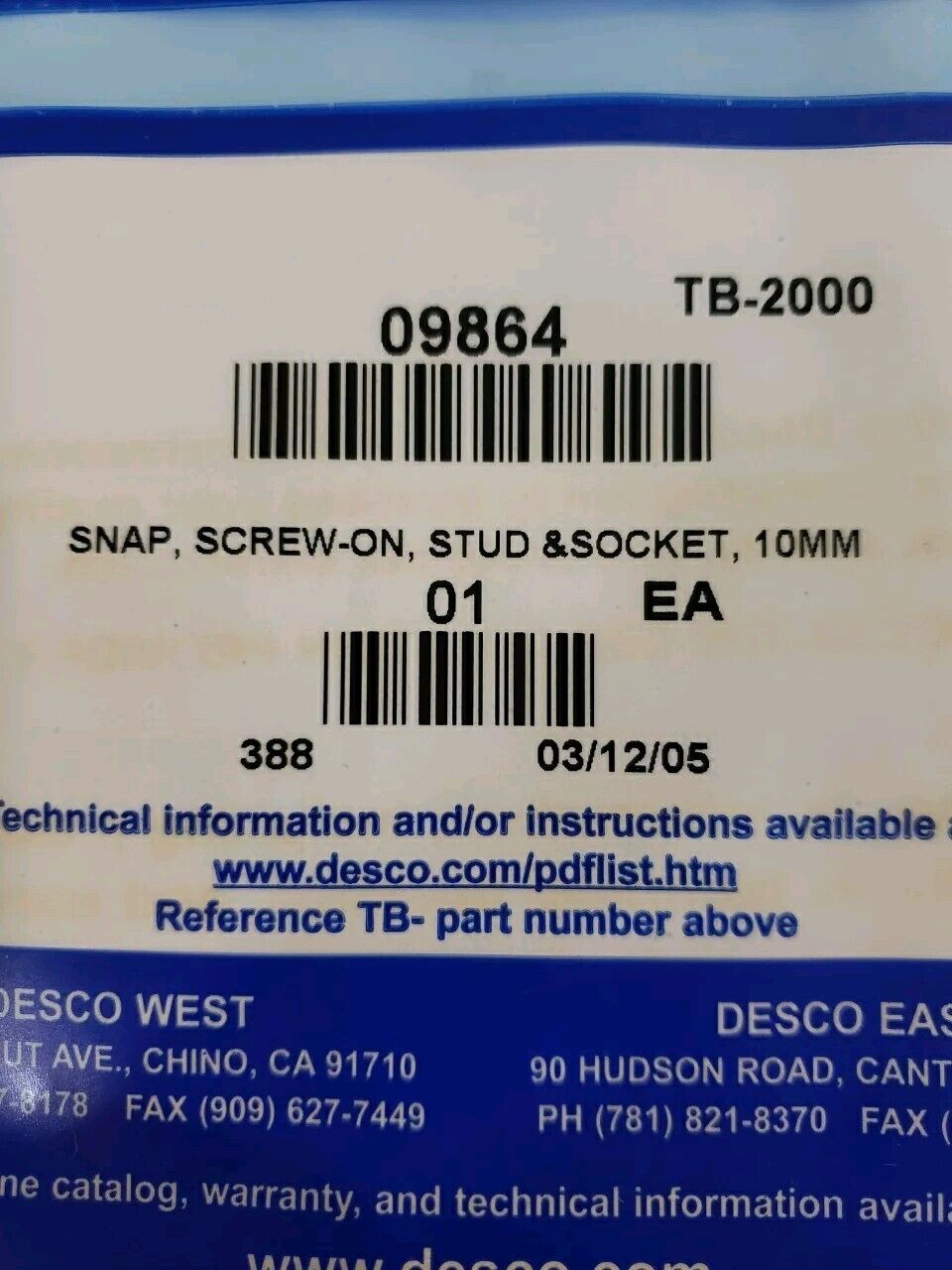 Desco 09864 Snap Screw-on Stud & Socket 10MM Electrostatic Discharge ESD Safety