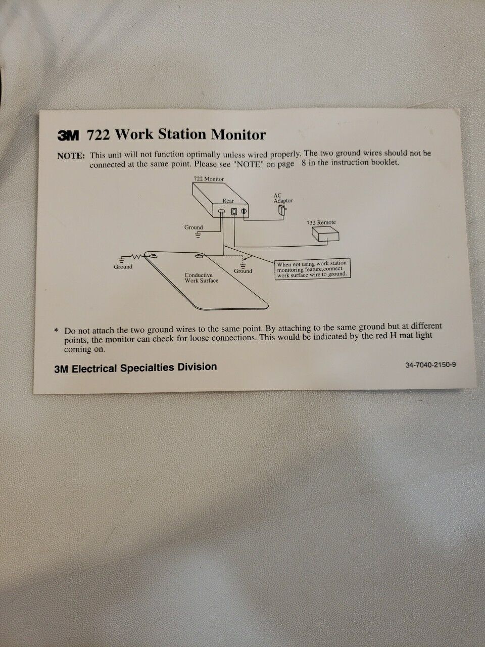3M 722 Work Station Monitor Kit Electrostatic Discharge ESD Safety