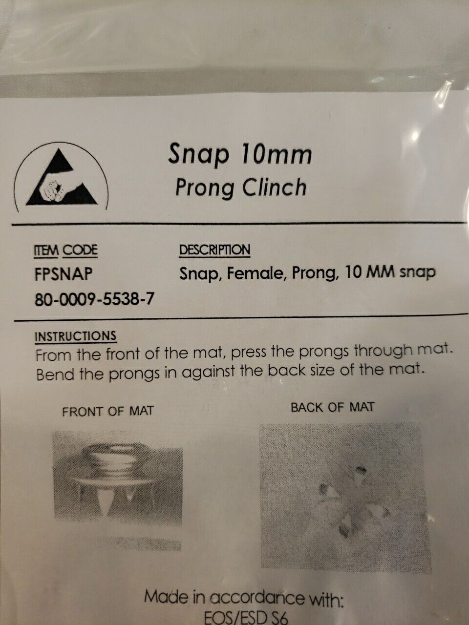 FPSNAP Snap Female Prong Clinch 10mm Snap For Floor Mat Electrostatic ESD Safety