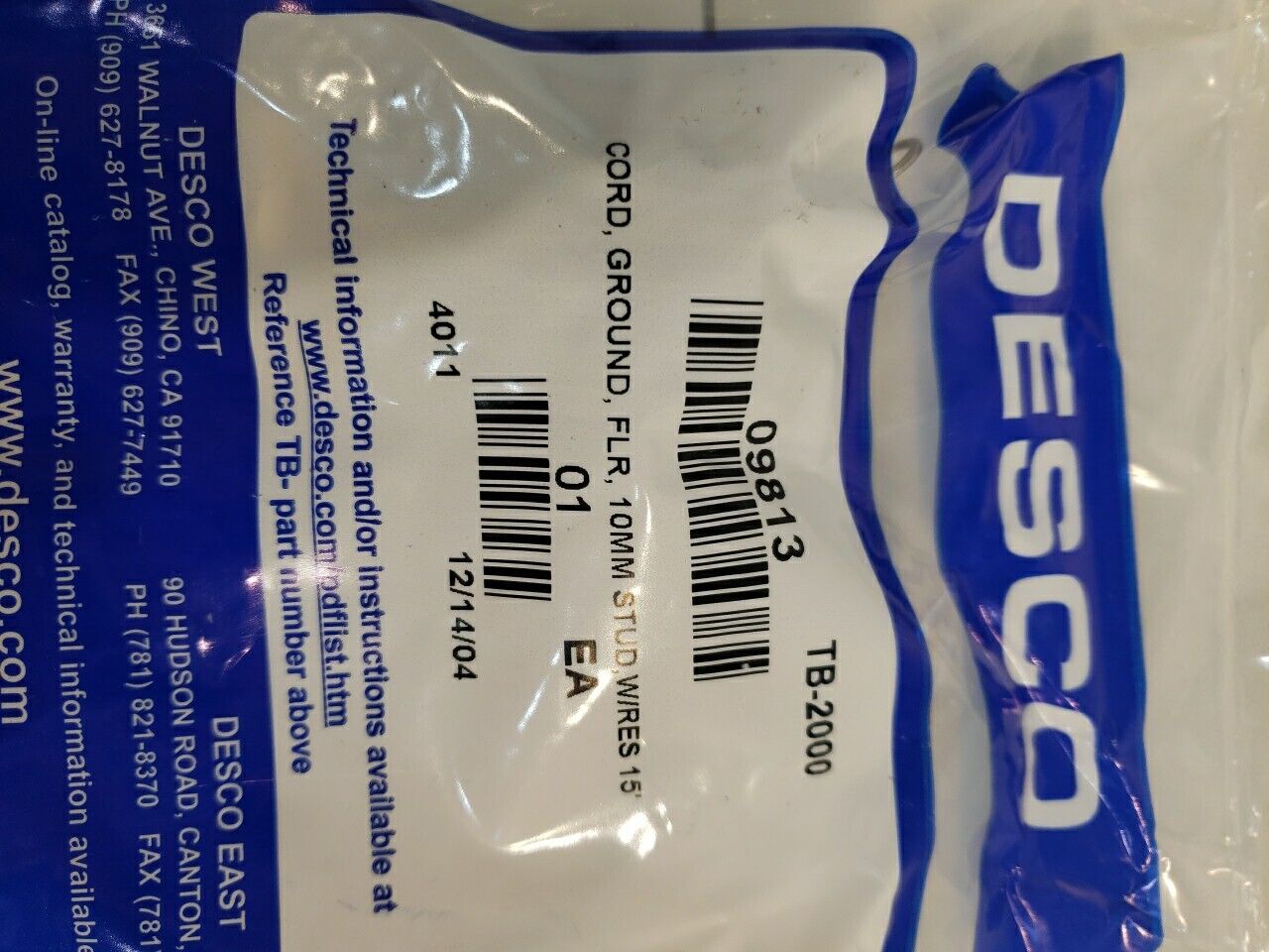 Desco 09813 Grounding Cord Floor Mat 10MM Stud W/Res 15ft TB-2000 Electrostatic