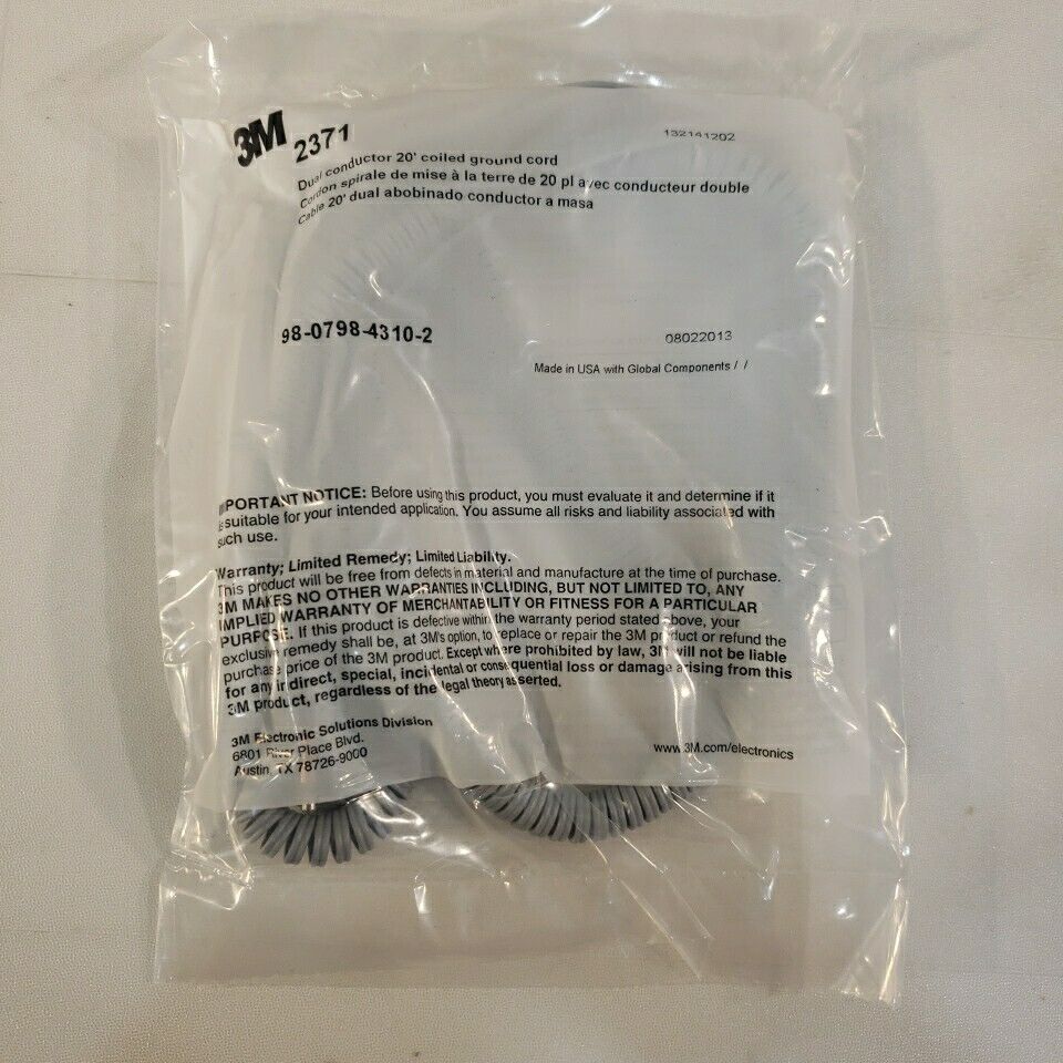 3M 2371 Dual Conductor 20ft Coiled Ground Cord ESD Electrostatic Safety