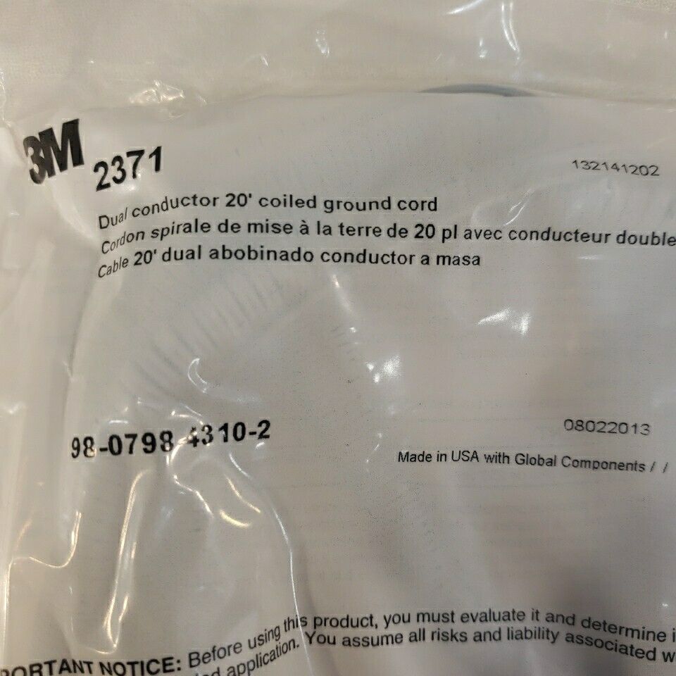 3M 2371 Dual Conductor 20ft Coiled Ground Cord ESD Electrostatic Safety