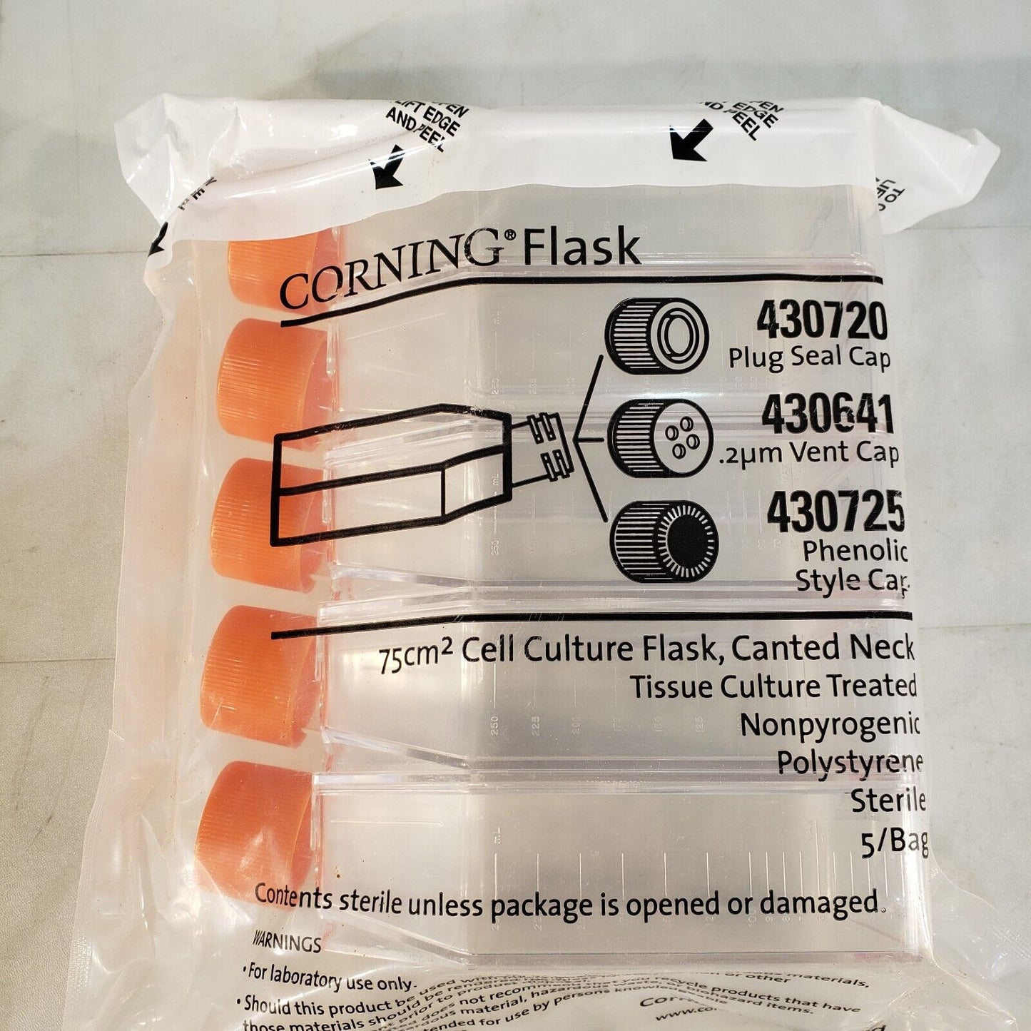 5-Pack Corning 430641 75cm^2 Cell Culture Flask 250mL New Old Stock NOS