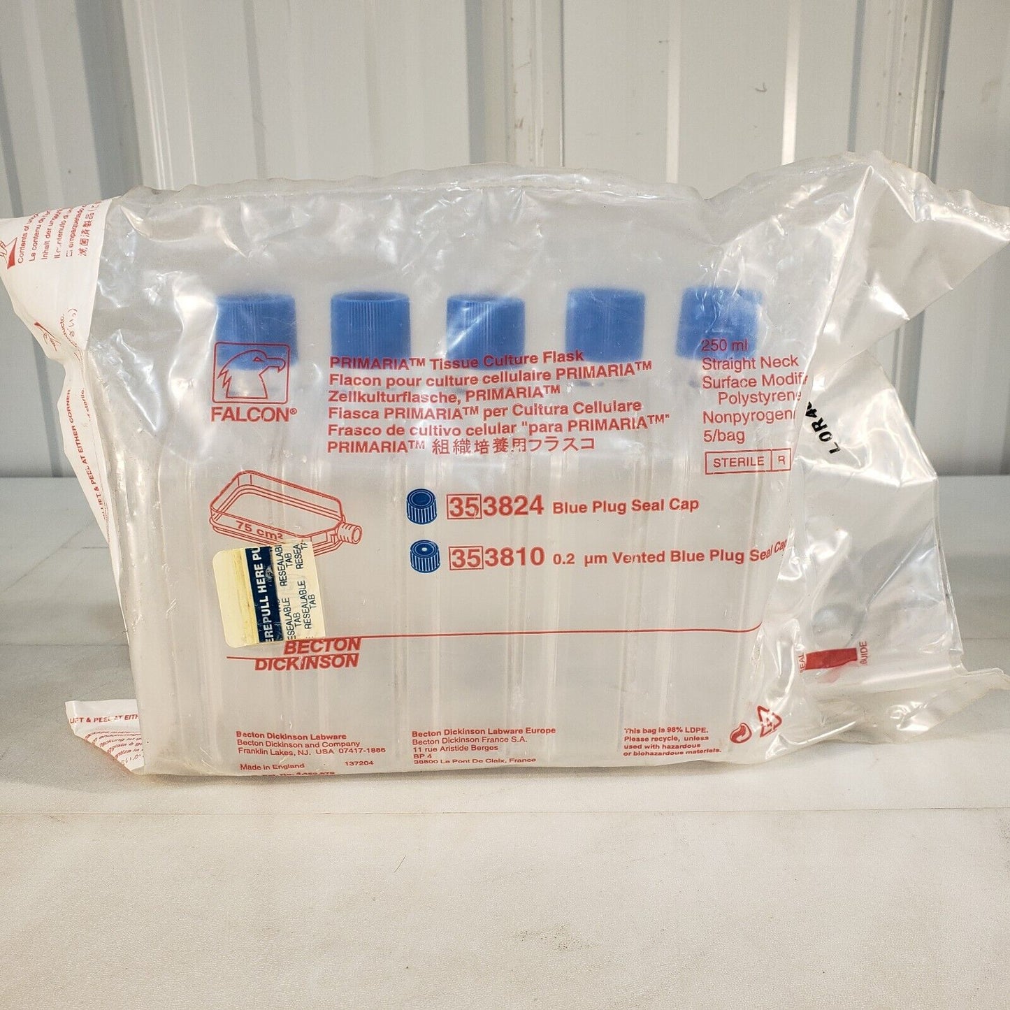 5-Pack Becton Primaria 353824 Tissue Culture Flask 250mL Straight Neck 75cm^2