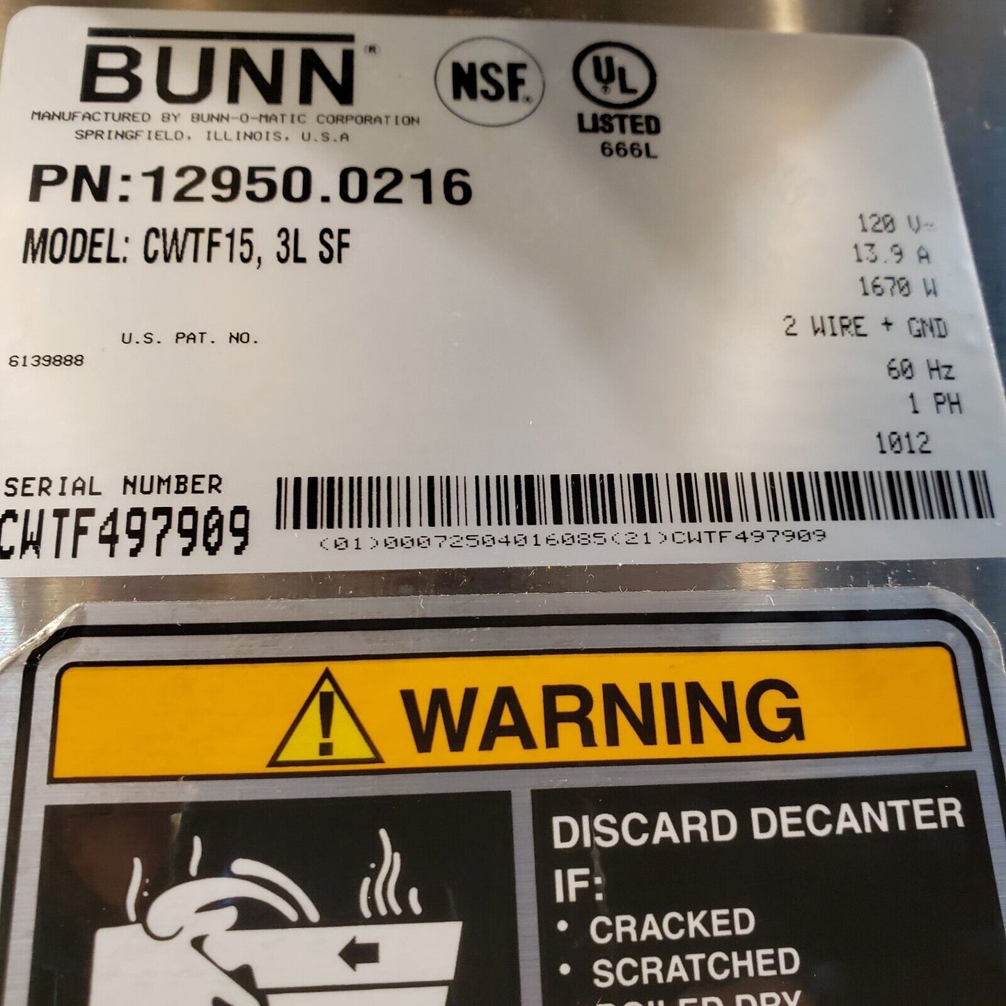 Bunn CWTF15-3 Automatic Coffee Brewer Stainless Funnel 12 Cup w/ 3 Lower Warmers
