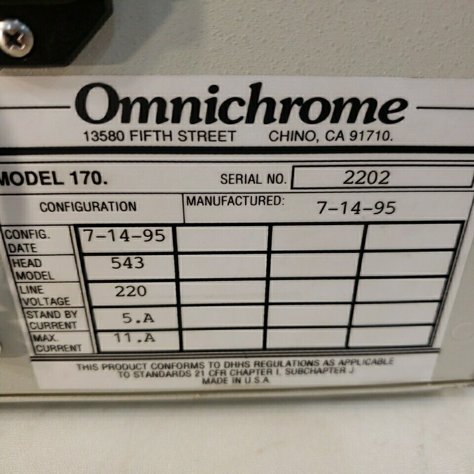 Omnichrome 170 Ion Laser Power Supply 220v Line Voltage 5A Standby 11A Max