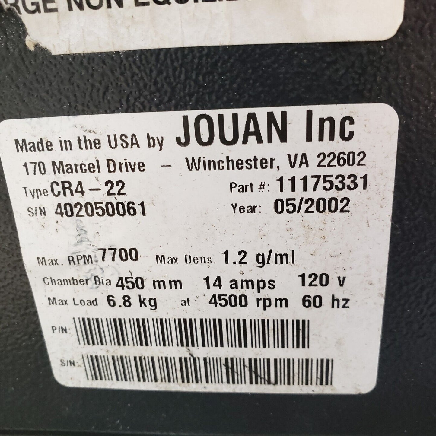 Jouan CR 422 Refridgerated Centrifuge 4750 Max Rotor RPM -8C To 40C CR4-22 120V