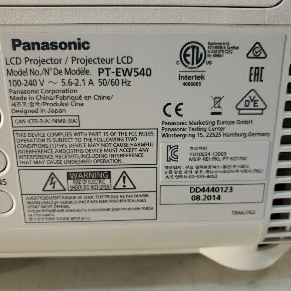Panasonic PT-EW540 WXGA LCD Projector w/ Lamp and Lens - Works