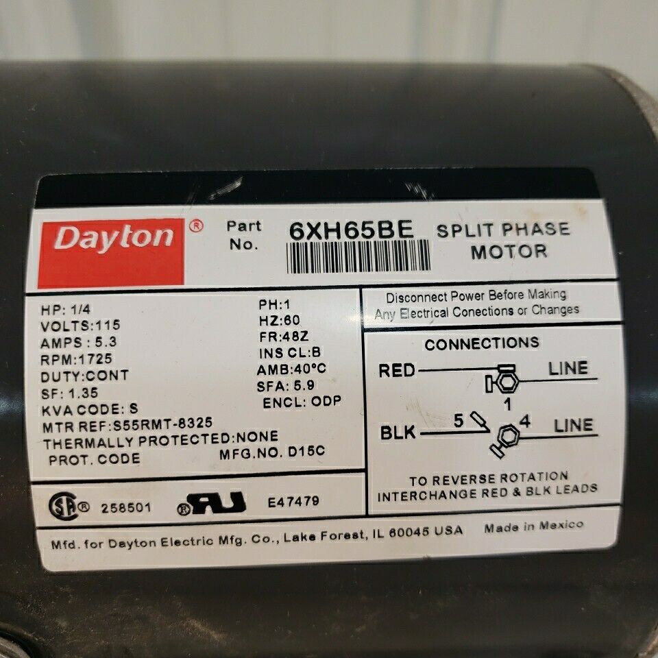 Dayton 6XH65BE Split Phase Motor 115V 1/4HP 5.3A Tested Working 1725 RPM