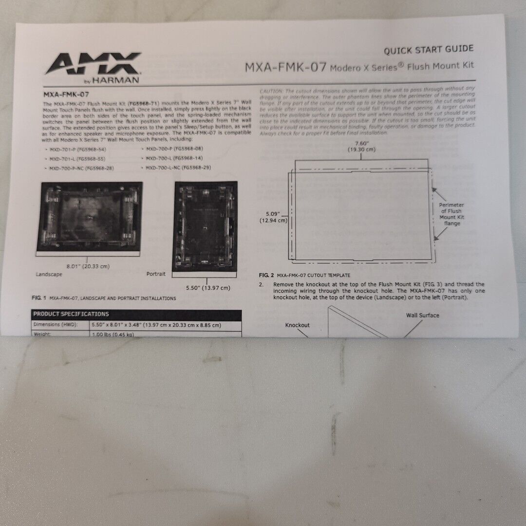 AMX FMK-07 Flush Mount Kit Modero X Series For 7" X Series Wall Mount Touch