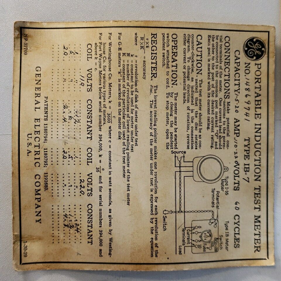 1929 Vintage General Electric Co. IB-7 Portable Induction Test Meter