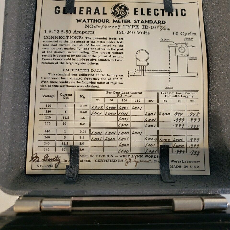 General Electric Vintage 1B-10 Portable Watthour Meter Standard Test Unit