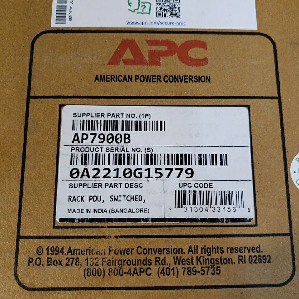 APC AP7800B 1U 15A Metered Rack PDU - Black 100/120VAC 50/60Hz 12A Max (UL)