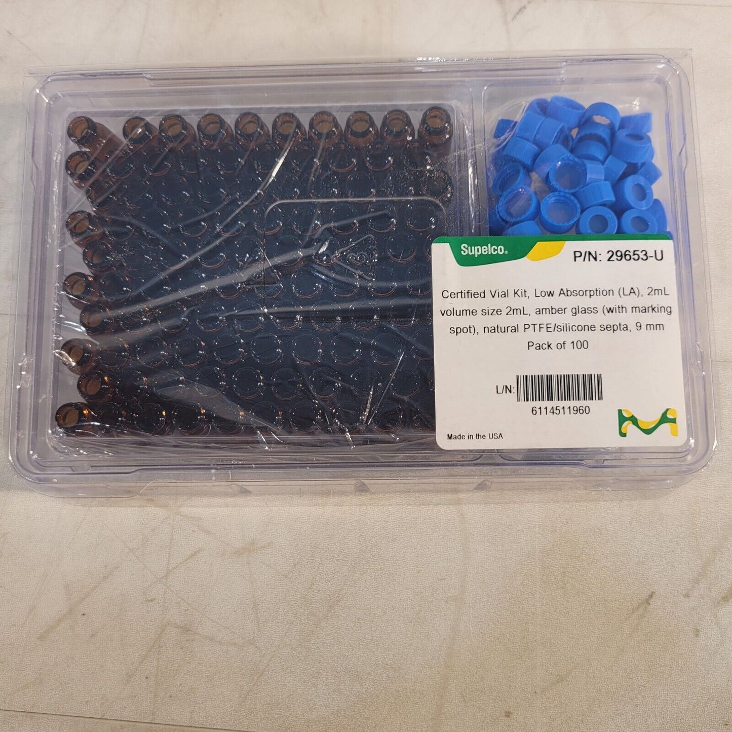Supelco 29653-U Certified Vail Kit 2mL Amber Glass Plastic With Lids Pack Of 100