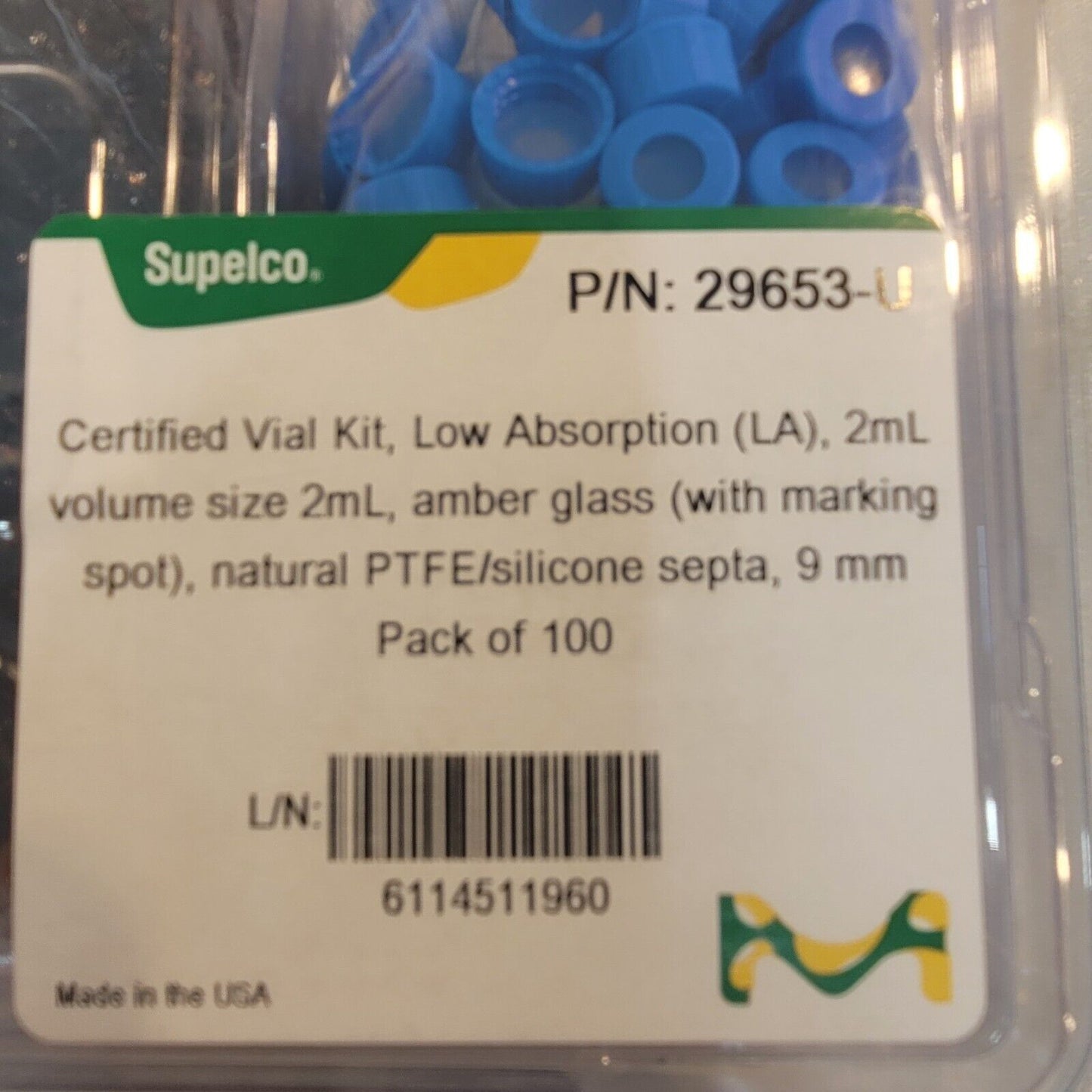 Supelco 29653-U Certified Vail Kit 2mL Amber Glass Plastic With Lids Pack Of 100