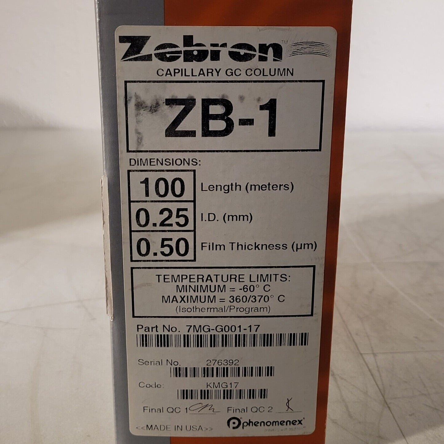 Zebron ZB-1 Capillary GC Column 100m Length 0.25mm ID 0.50mm Film Thickness
