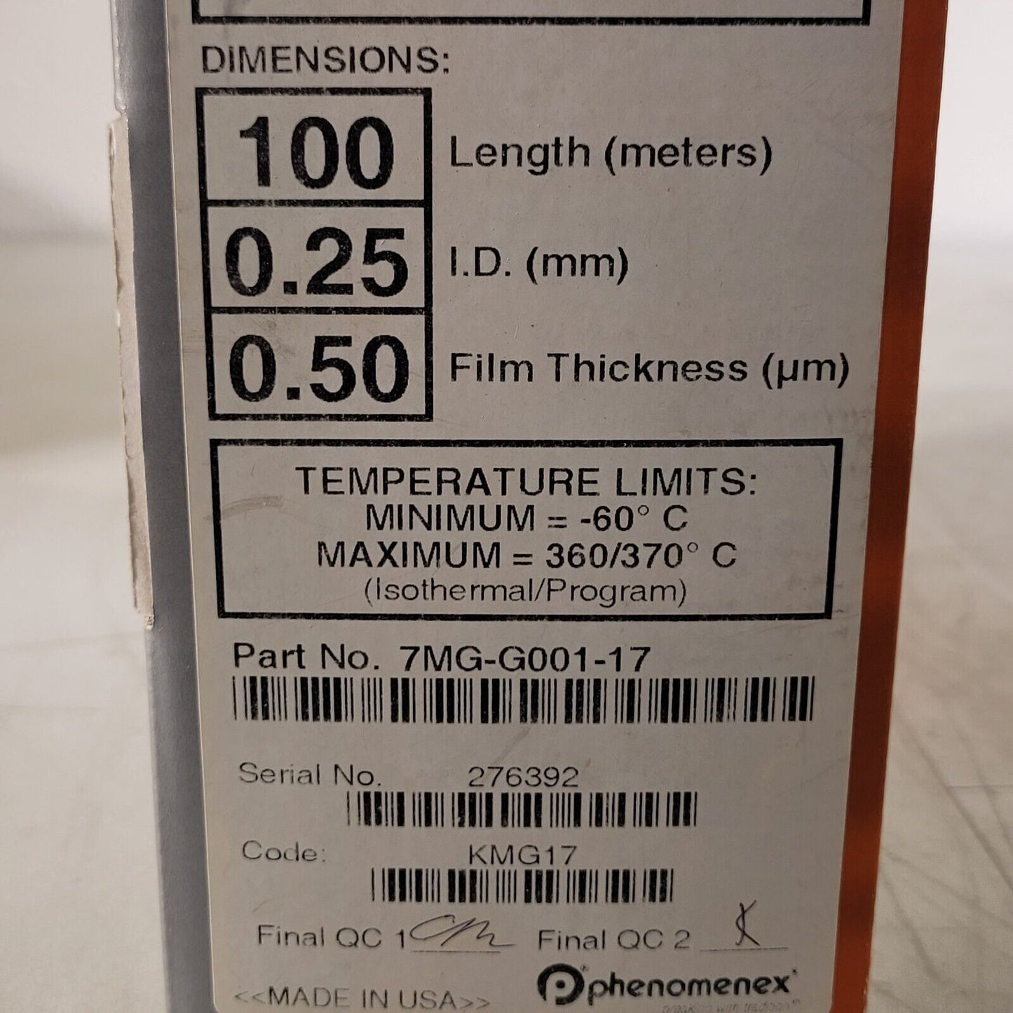 Zebron ZB-1 Capillary GC Column 100m Length 0.25mm ID 0.50mm Film Thickness