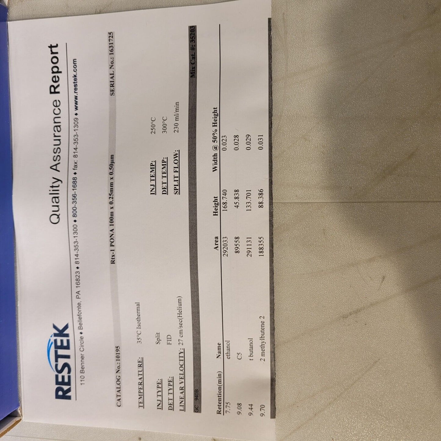 Restek Rtx-1 PONA GC Capillary Column 100m 0.25mm ID 0.5 um 10195 Max Temp 340°C