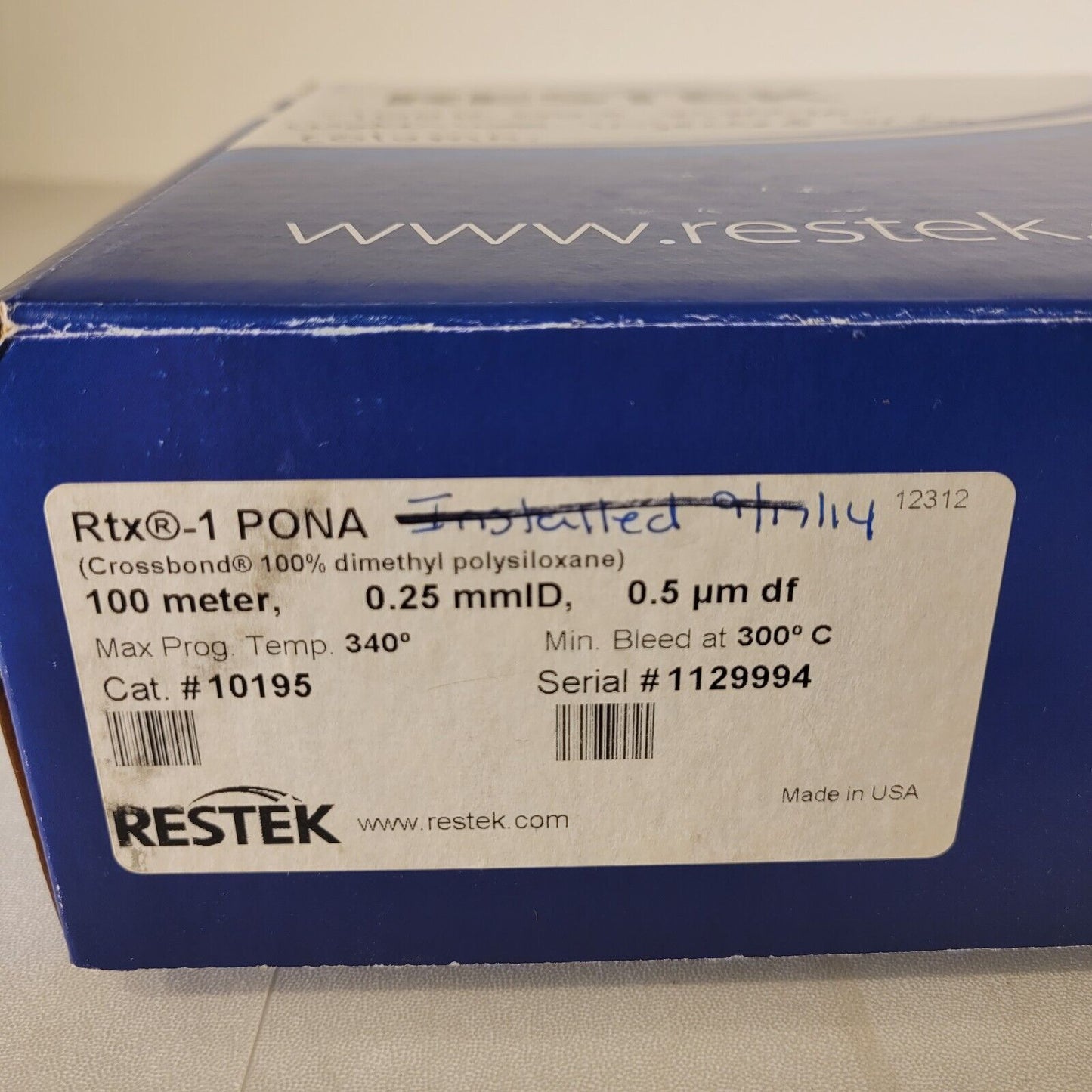 Restek Rtx-1 PONA 100m 0.25mm ID 0.5um df 10195 Max Prog. Temp 340°C