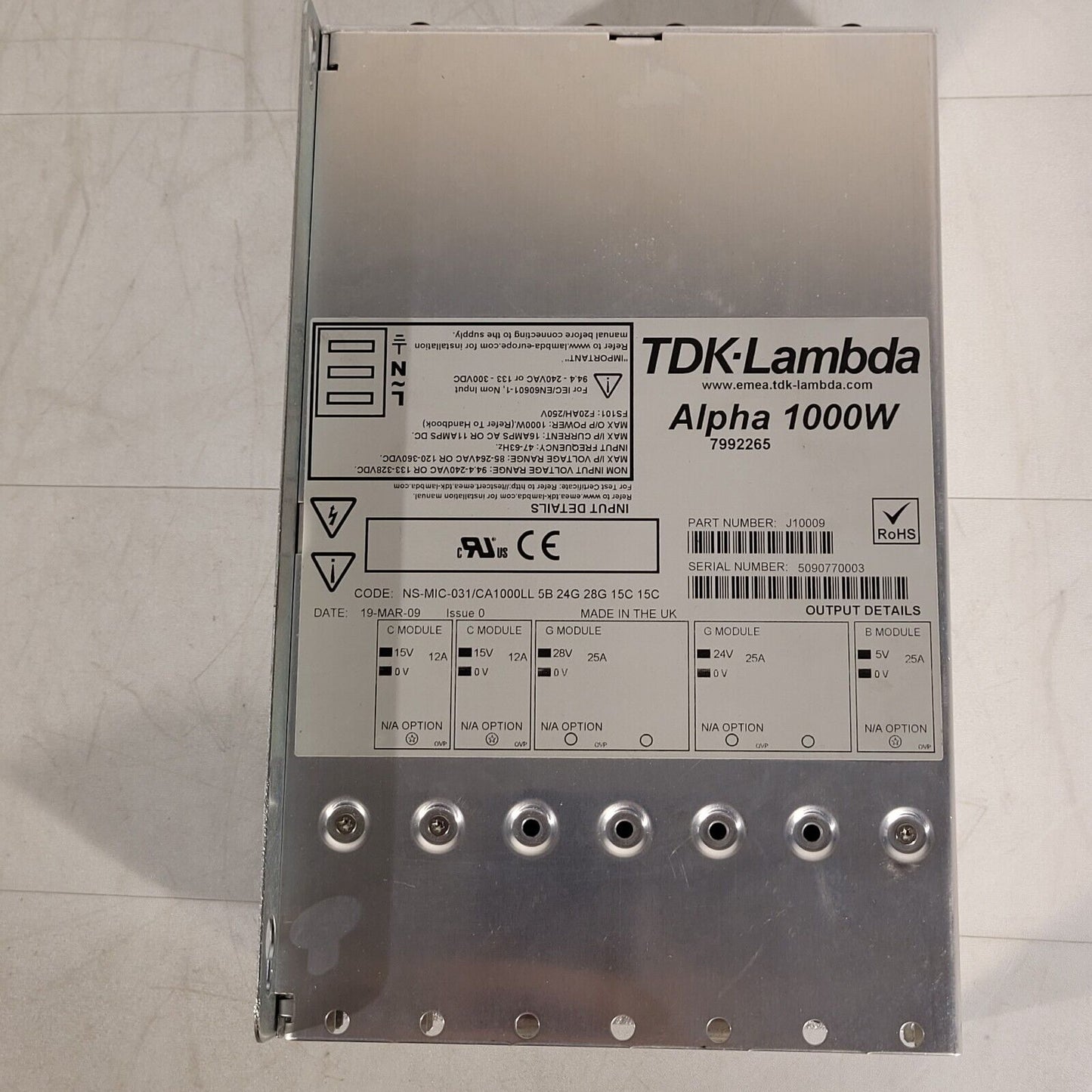 TDK-Lambda J10009 Alpha 1000W Power Sup 15V 28V 24V 5V Output 94.4-240VAC Input