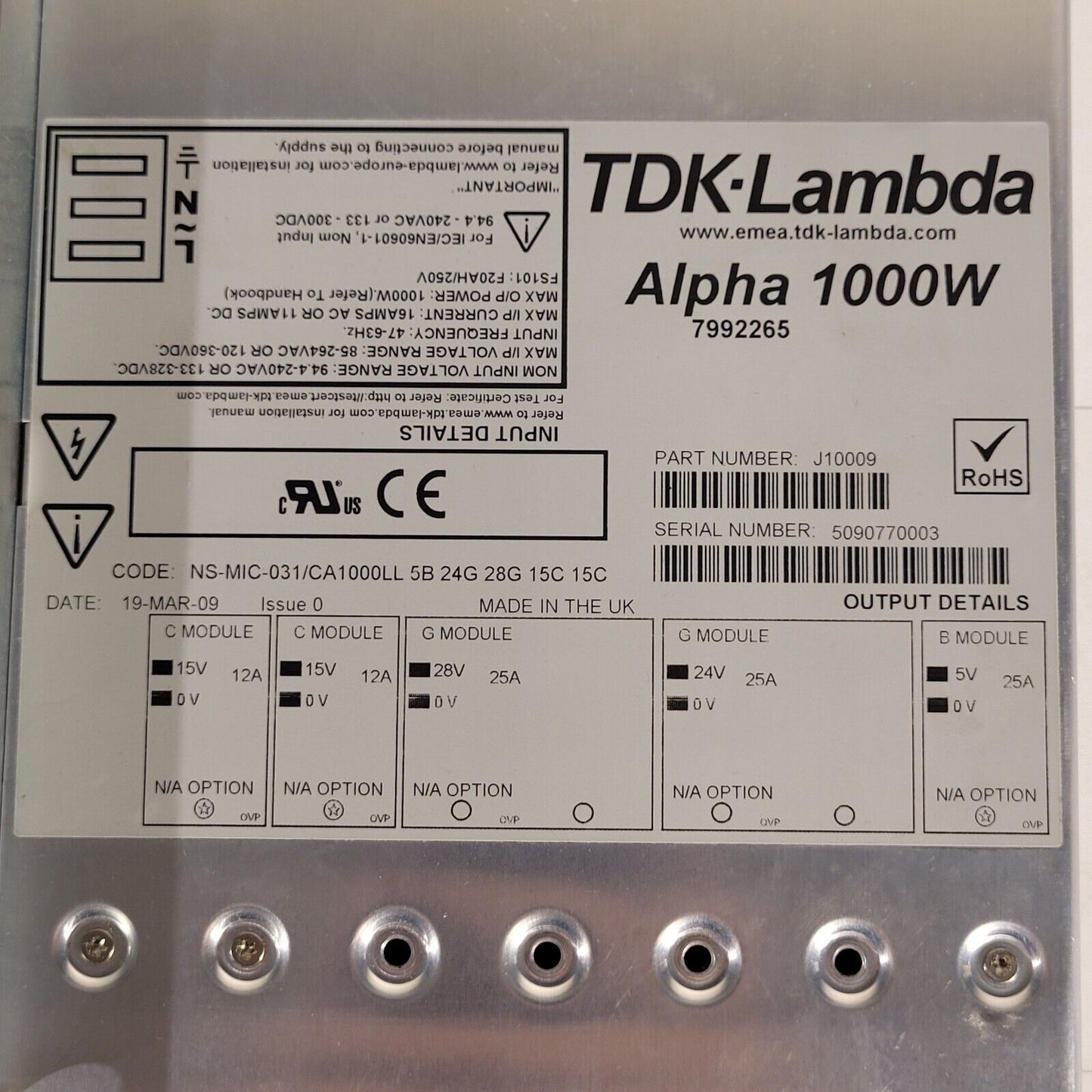 TDK-Lambda J10009 Alpha 1000W Power Sup 15V 28V 24V 5V Output 94.4-240VAC Input