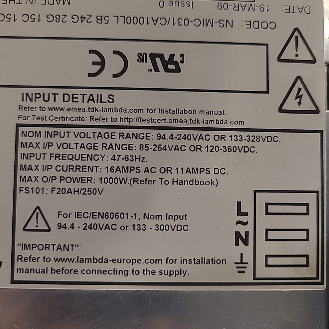 TDK-Lambda J10009 Alpha 1000W Power Sup 15V 28V 24V 5V Output 94.4-240VAC Input