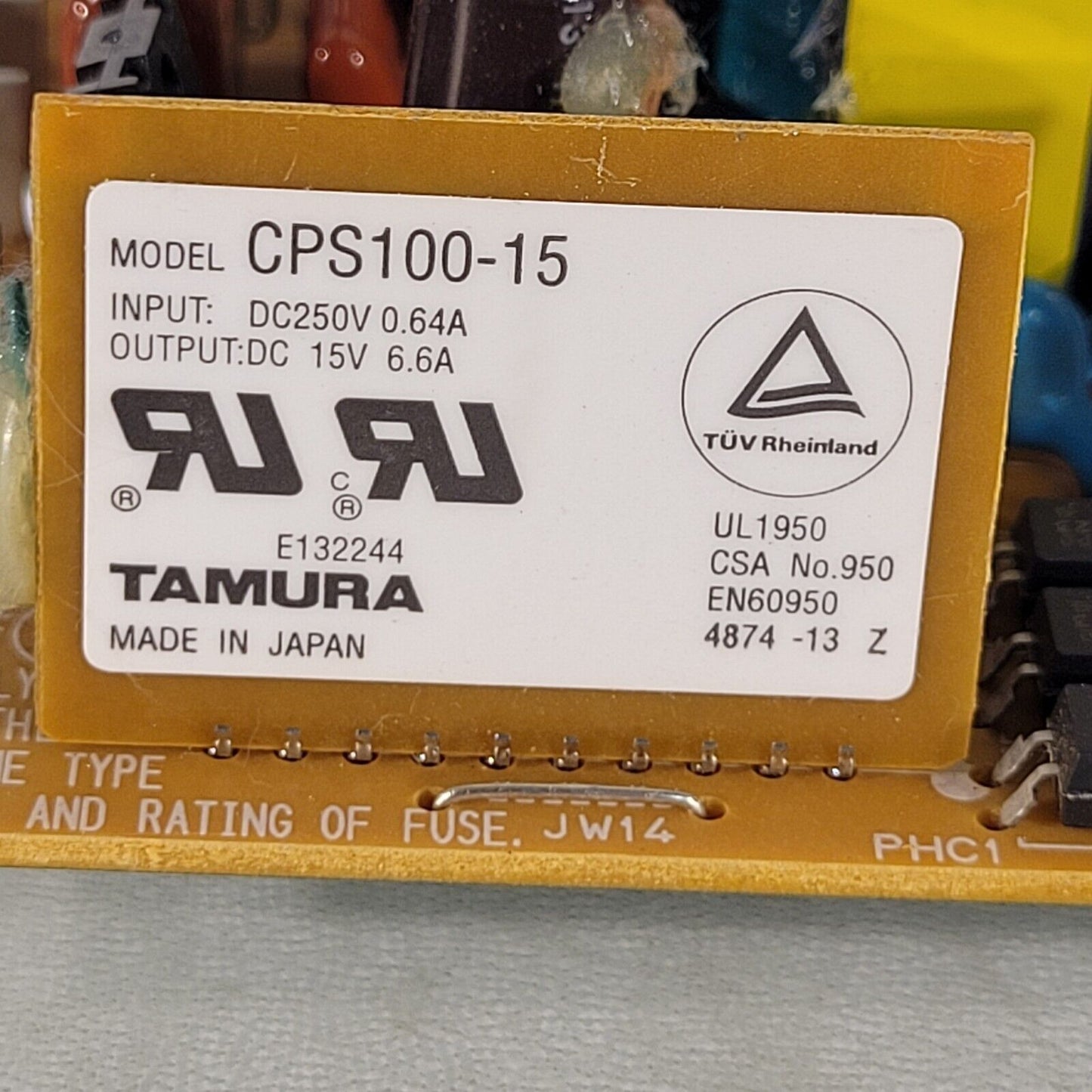 Tamura CPS100-15 Power Supply Input: DC 250V 0.64A Output: DC 15V 6.6A 4874-13-Z