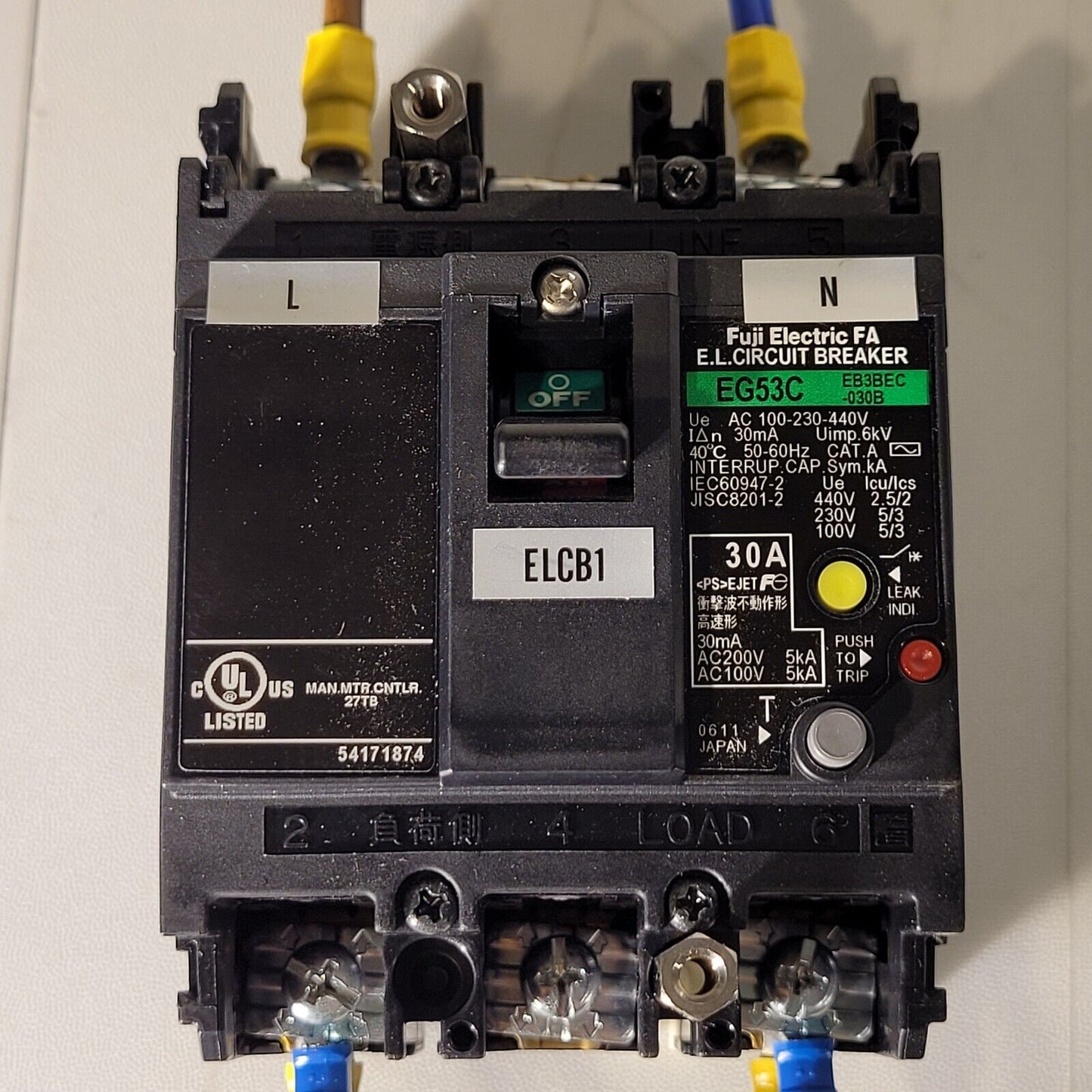 Fuji Electric EG53C Circuit Breaker EB3BEC-030B AC 100-230-440V 30mA 50-60Hz