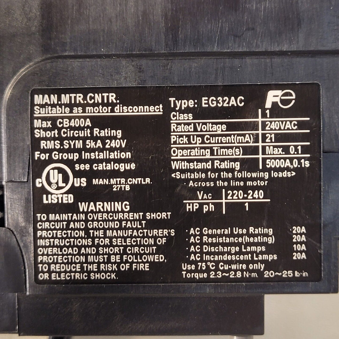 Fuji Electric EG32AC 20A Circuit Breaker EB2AEAC-020B AC 100-230V 30mA 2.5kV