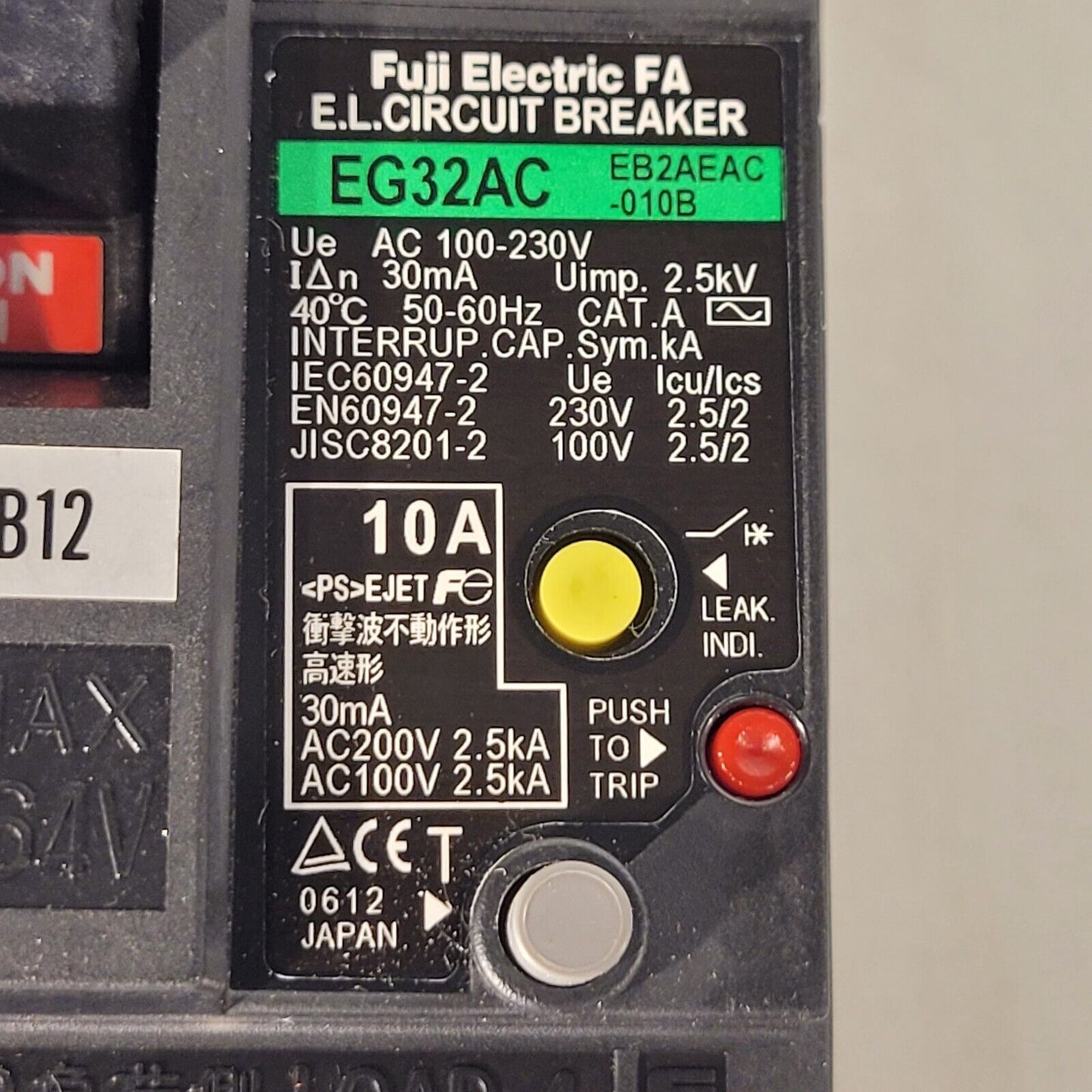 Fuji Electric EG32AC 10A Circuit Breaker EB2AEAC-101B AC 100-230V 30mA 2.5kV