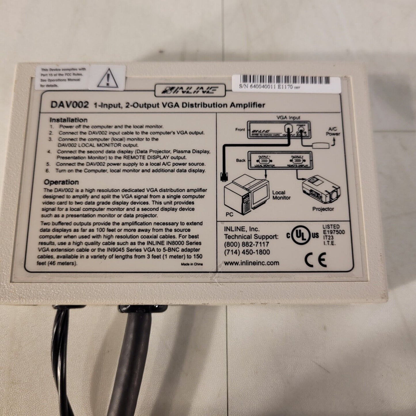 Inline Inc VGA Distribution Amplifier DAV002 1 Input 2 Output, 9VDC 1A