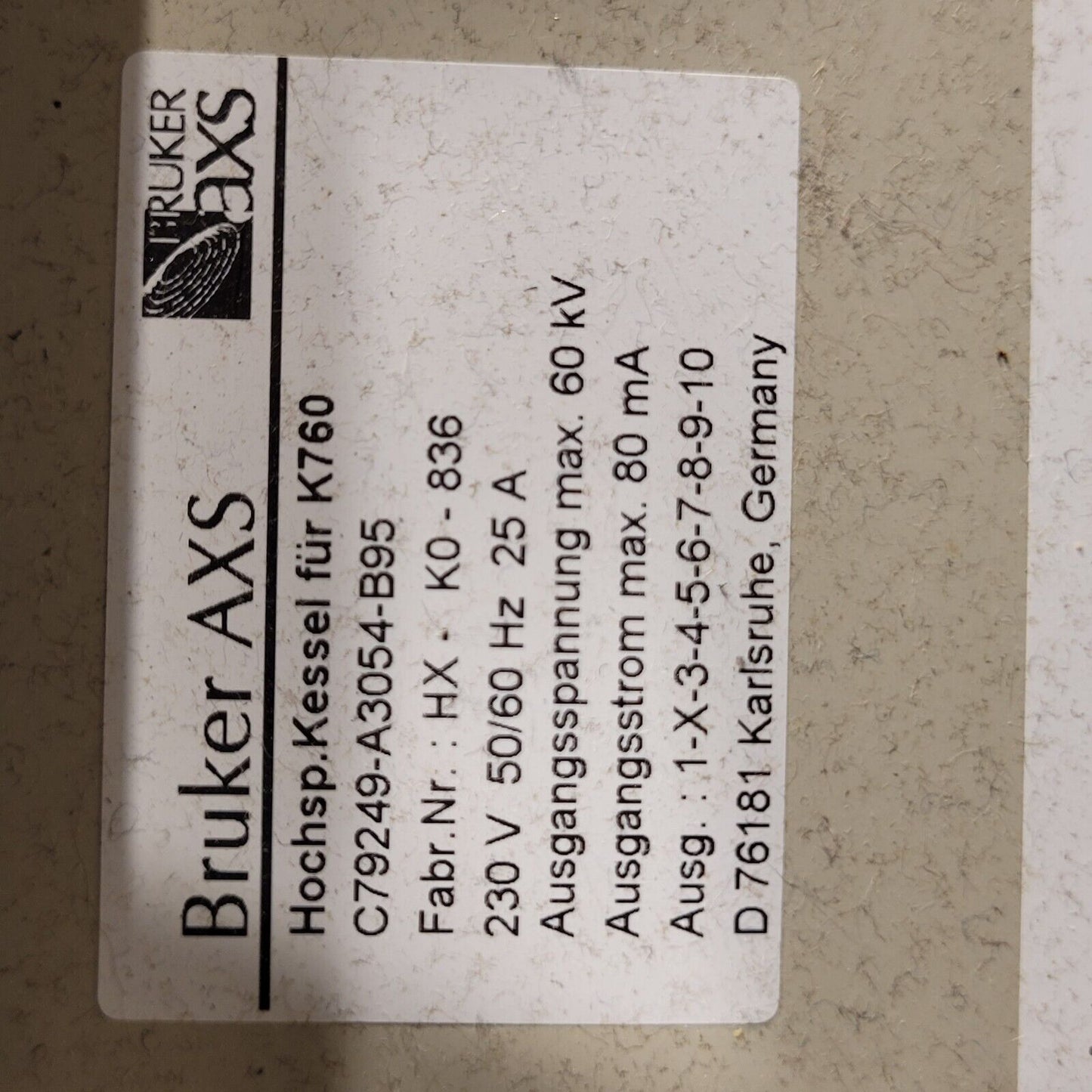 Bruker Geberator K760 XRD Power Supply C79249-A3054-A21 230V 50-60Hz 25A