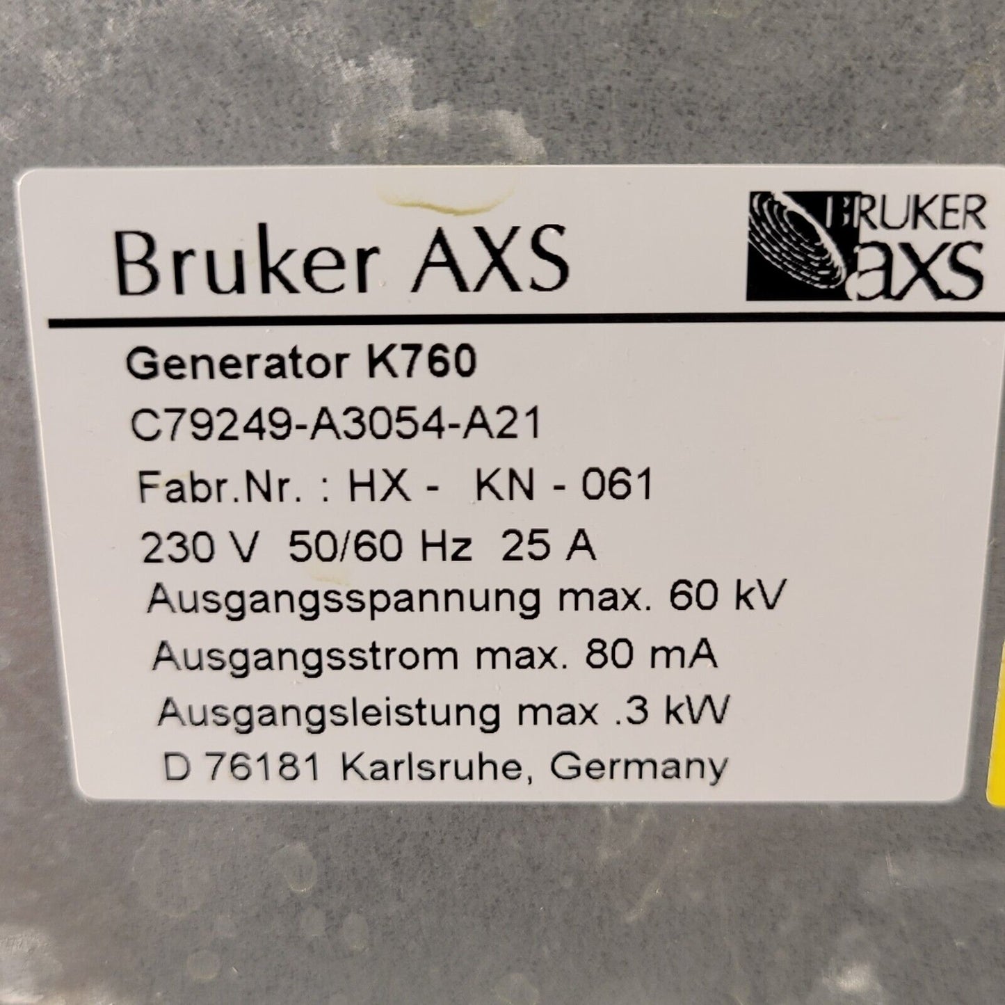Bruker Geberator K760 XRD Power Supply C79249-A3054-A21 230V 50-60Hz 25A