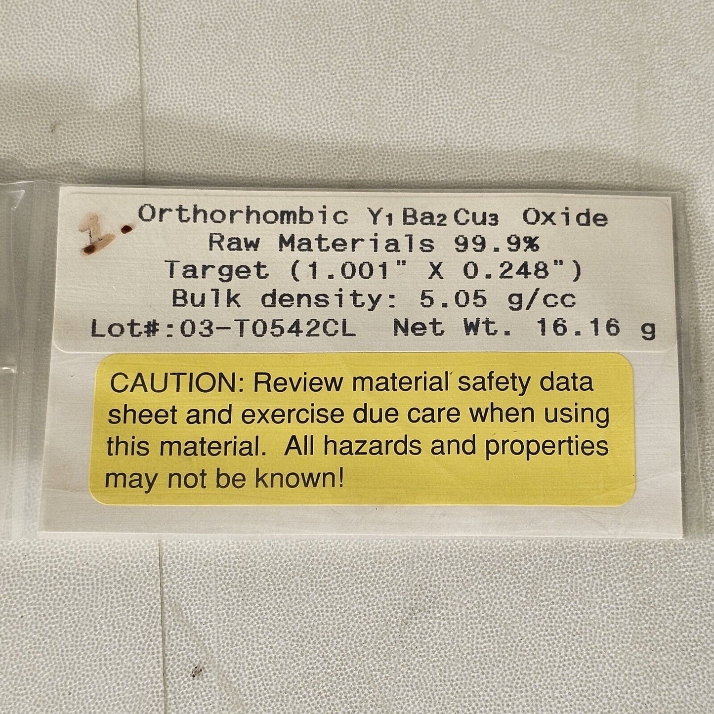 Tetragonal YBCO YBaCuO Y1Ba2Cu3 Oxide Sputtering Target Superconductor 16g 5g/CC