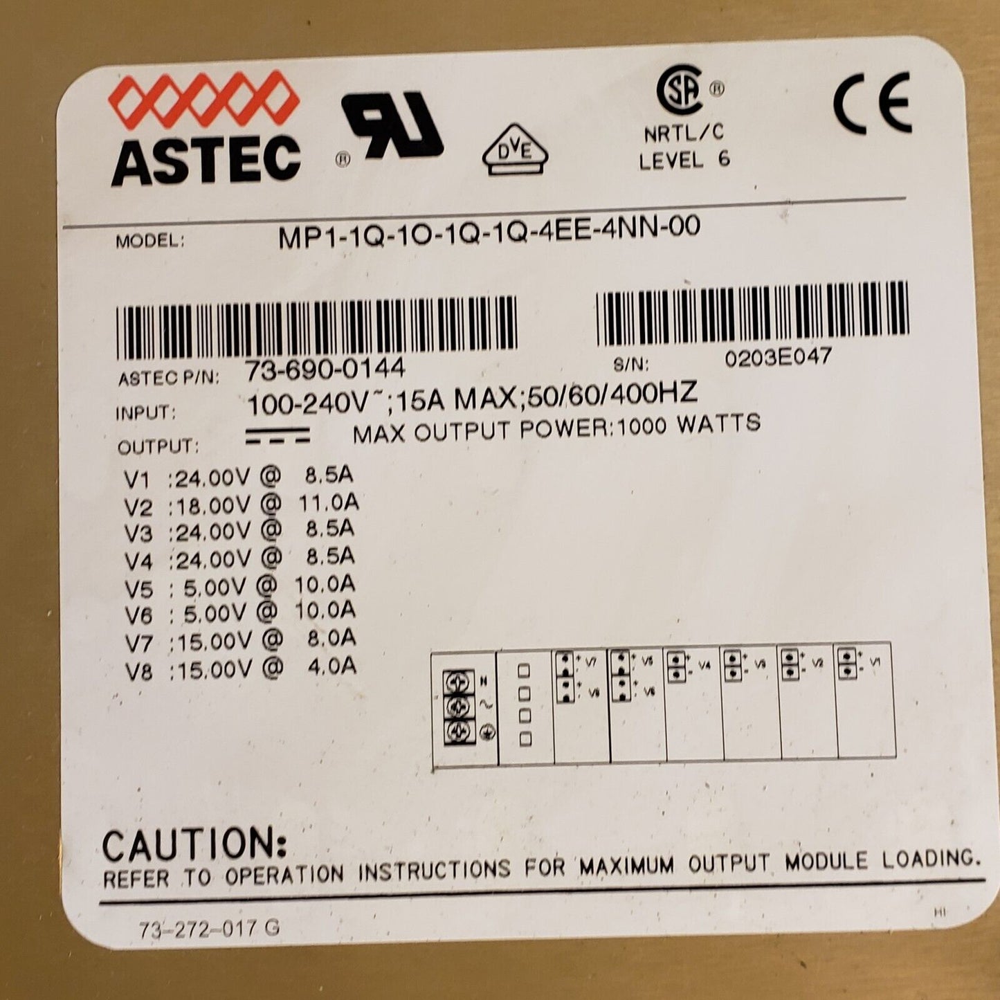 Astec MVP MP1-1Q-1O-1Q-1Q-4EE-4NN-00 24v, 18V, 15V, 5V Power Supply 73-690-0144