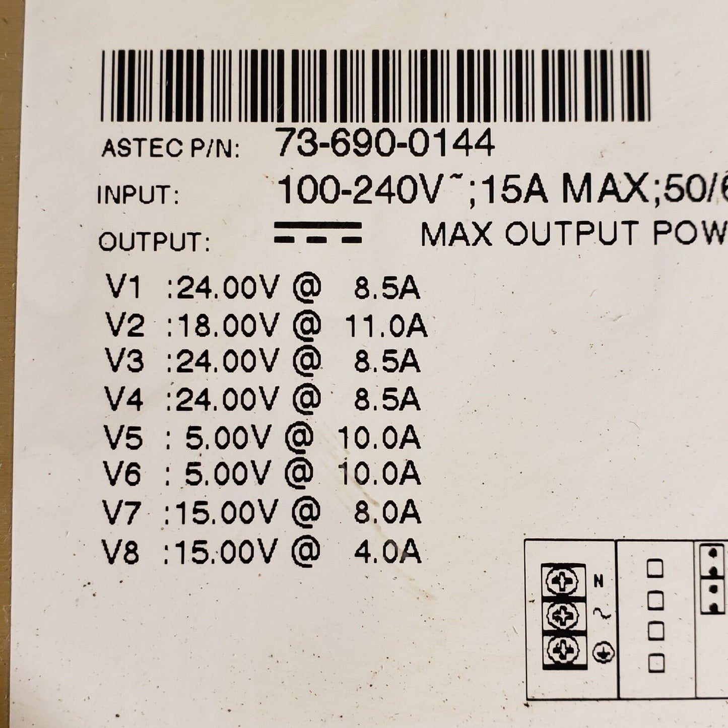 Astec MVP MP1-1Q-1O-1Q-1Q-4EE-4NN-00 24v, 18V, 15V, 5V Power Supply 73-690-0144